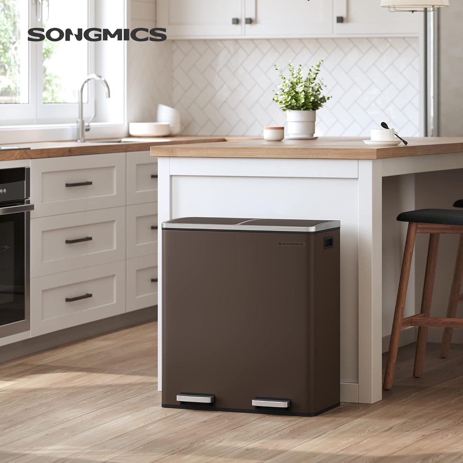 SONGMICS 16 Gallon Dual Trash Can, Rubbish Bin and 15 Trash Bags, Metal Step Bin with Dual Compartments, Brown