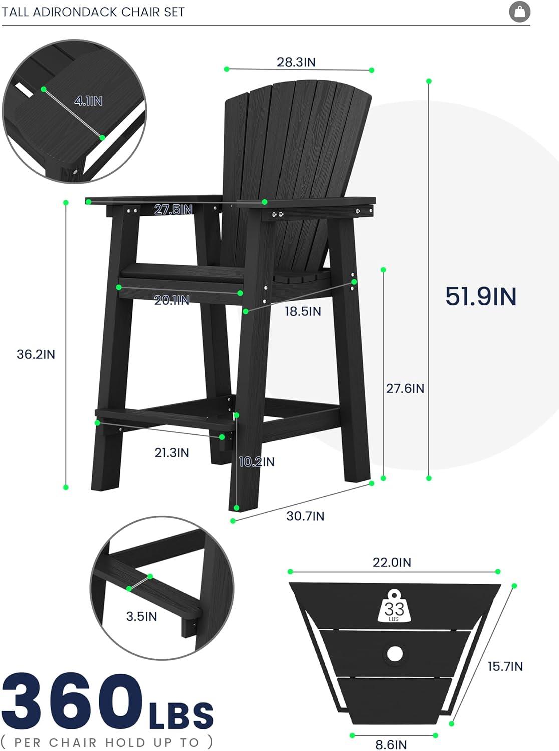 JUSTLET Tall Plastic Adirondack Chair Set of 2 W/ Outdoor Barstools and Connecting Tray, Brown