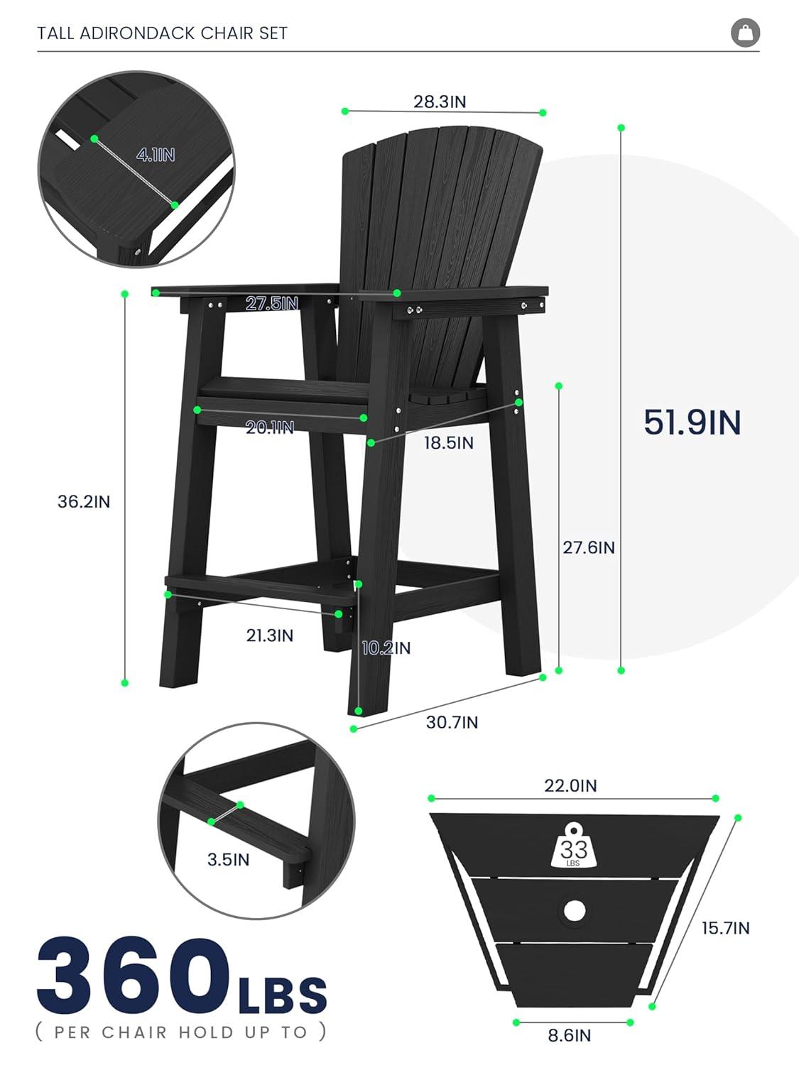 JUSTLET Tall Plastic Adirondack Chair Set of 2 W/ Outdoor Barstools and Connecting Tray, Brown