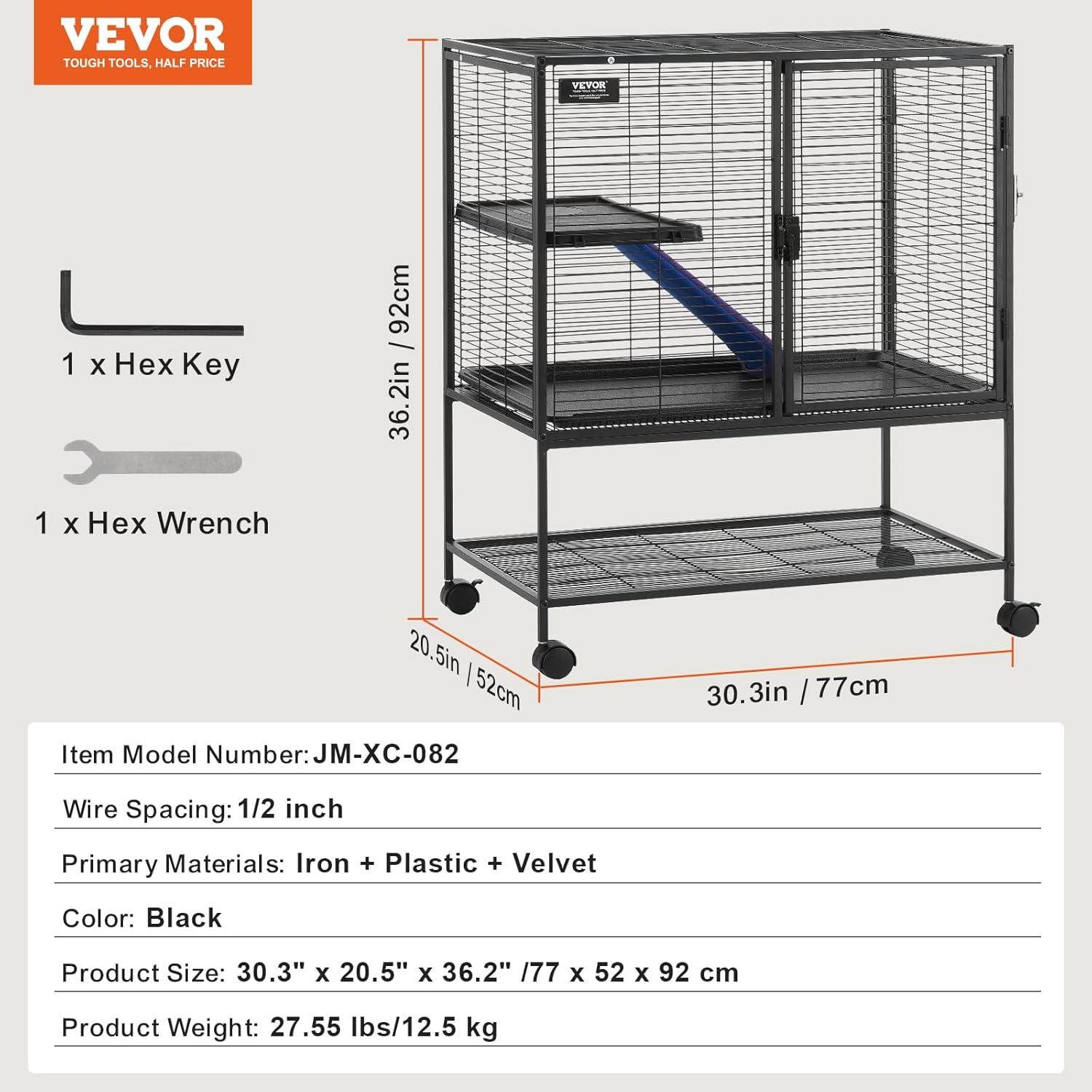 VEVOR 36-Inch Black Metal 2-Tier Rolling Small Animal Cage