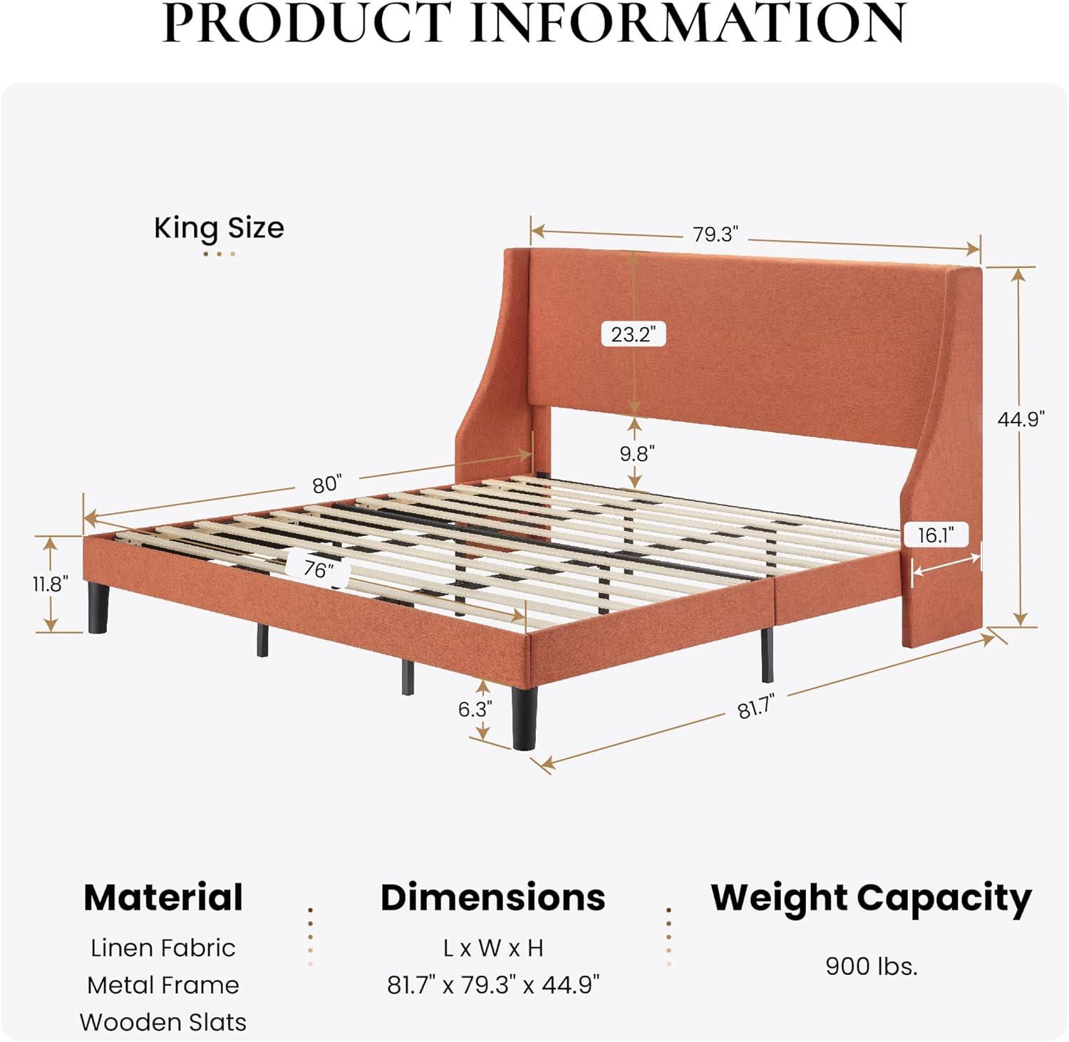 SHA CERLIN Upholstered Bed Frame King Size with Streamlined Wingback Headboard, Breathable Linen Fabric, Solid Wooden Slats, Easy Assembly, Orange