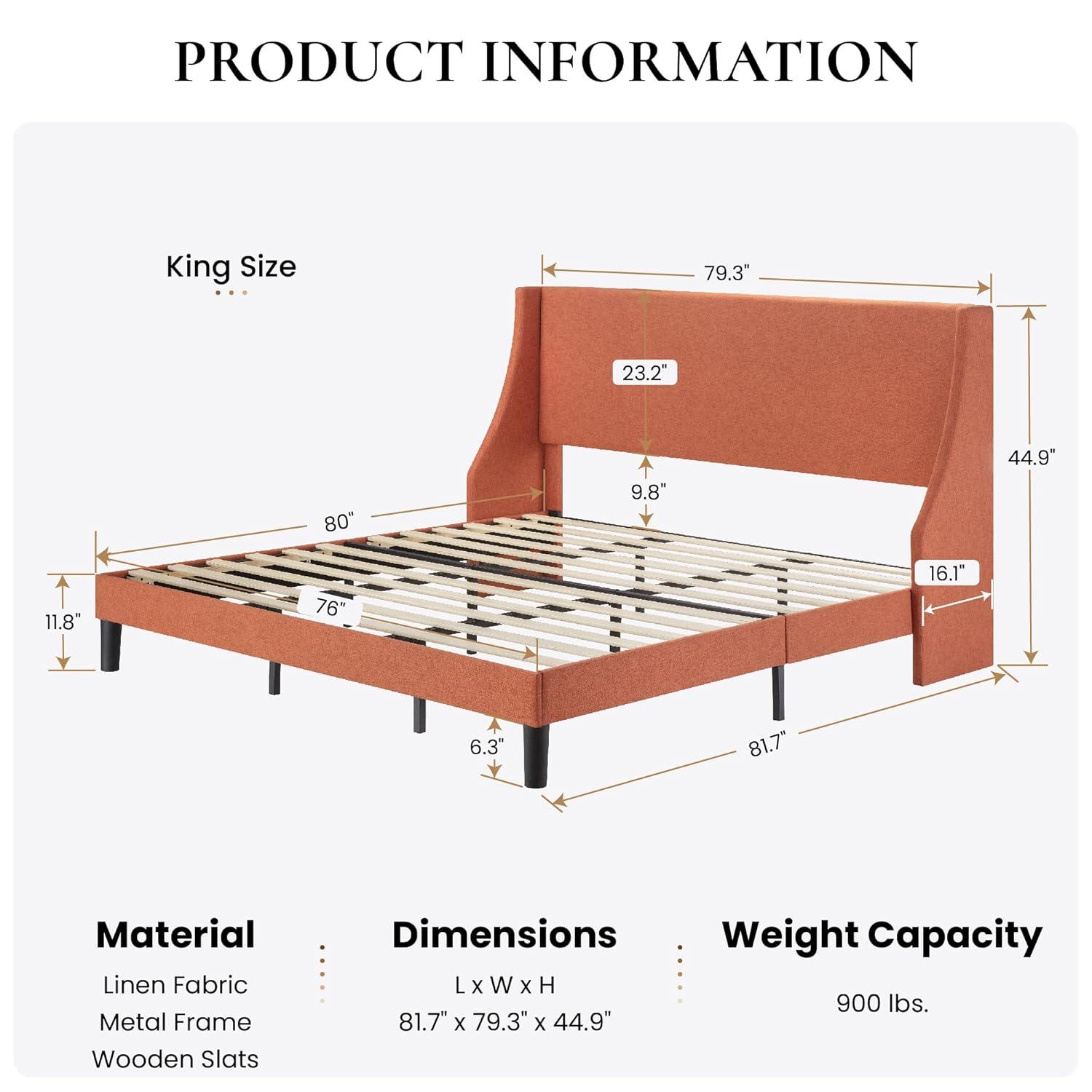 SHA CERLIN Upholstered Bed Frame King Size with Streamlined Wingback Headboard, Breathable Linen Fabric, Solid Wooden Slats, Easy Assembly, Orange