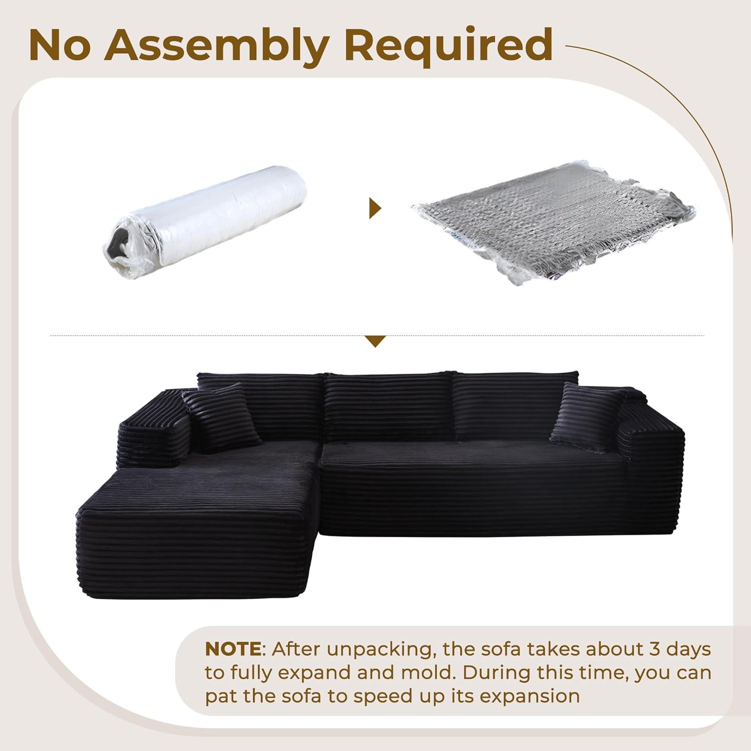 104" L-Shape Modular Sectional Sofa Couch - Comfy Upholstered Cloud Couches for Living Room - Modern Minimalist Couch,Deep Seat,No Assembly Required (Black,Plush Corduroy, Right Facing Chaise)