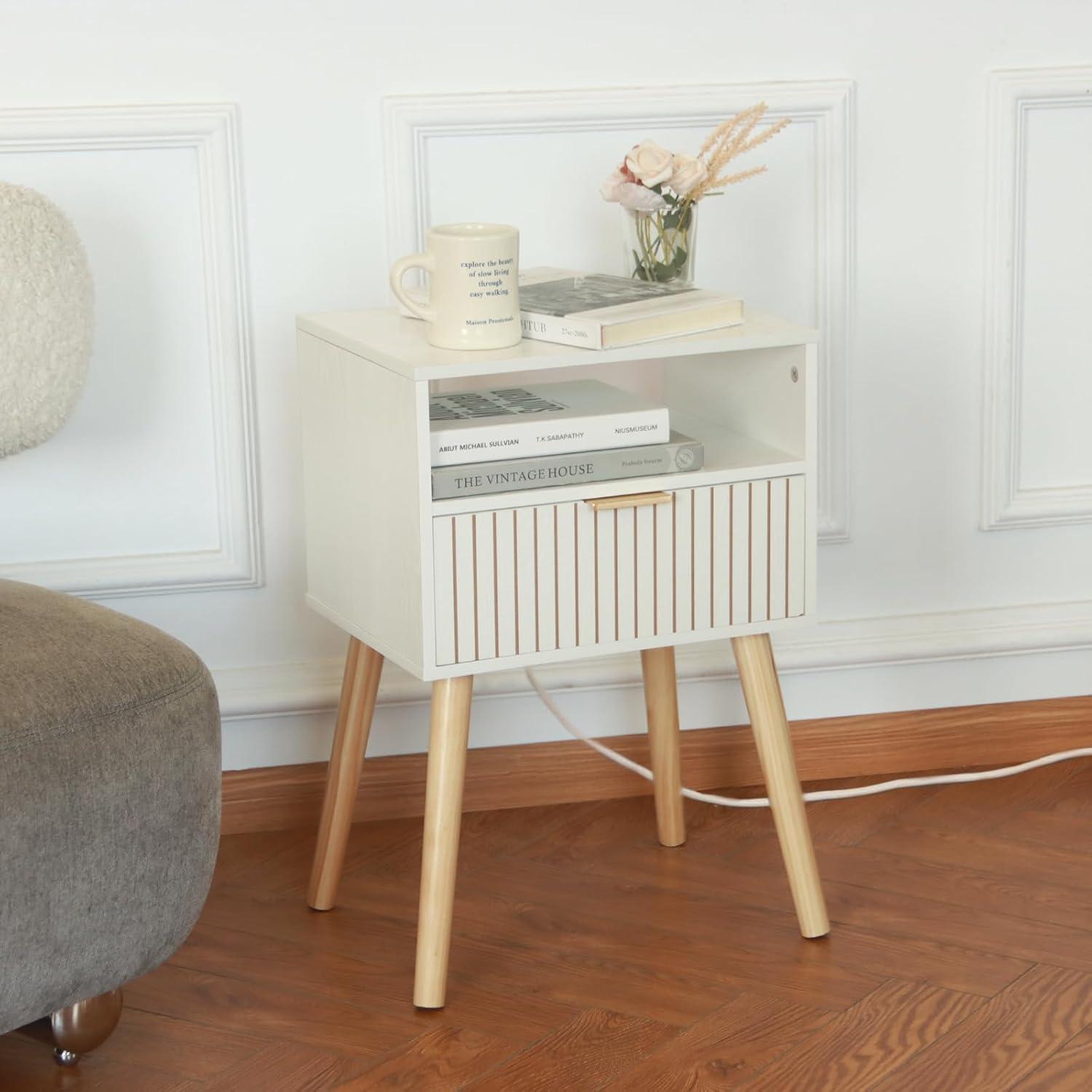 White Nightstand, Mid Century Modern Nightstand, Small Bedside Table End Table for Bedroom with 2-Tier Storage, White