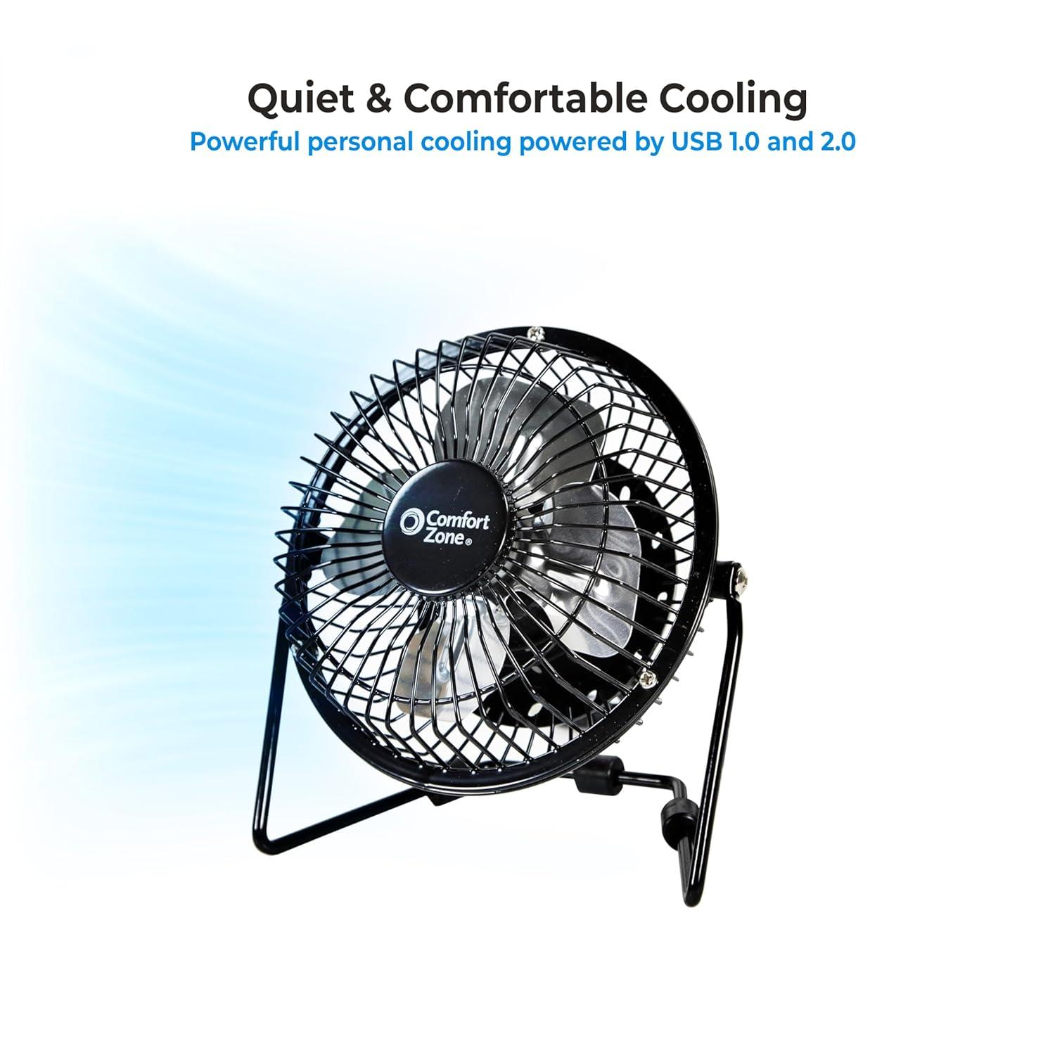Comfort Zone 4" Metal Portable Desk Fan, Dual Powered (USB or Power Cord)