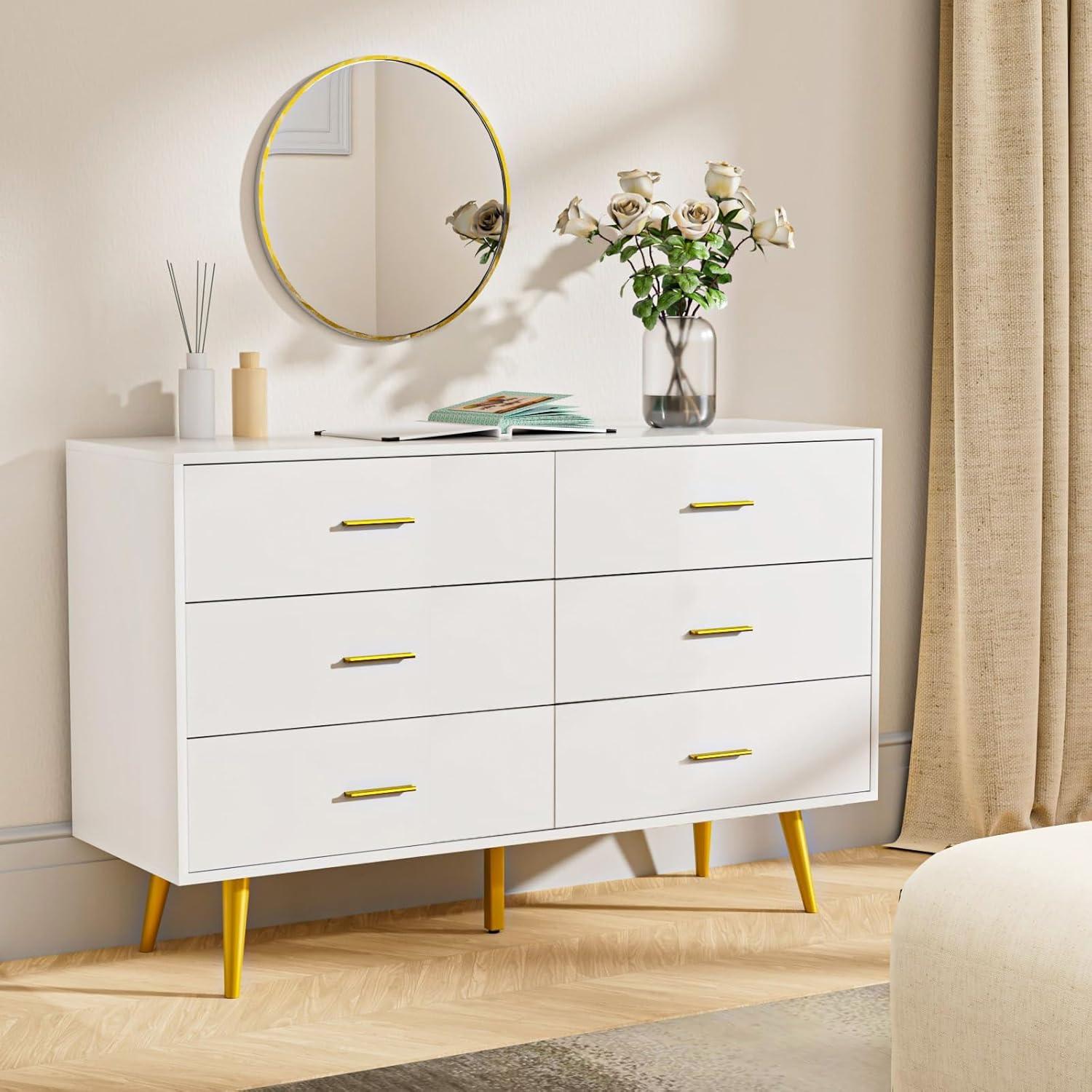 White Dresser with 6 Drawer for Bedroom,  RESOM Modern Chest with Golden Legs & Handles, Wooden Dressers for Living Room, Hallway, Nursery