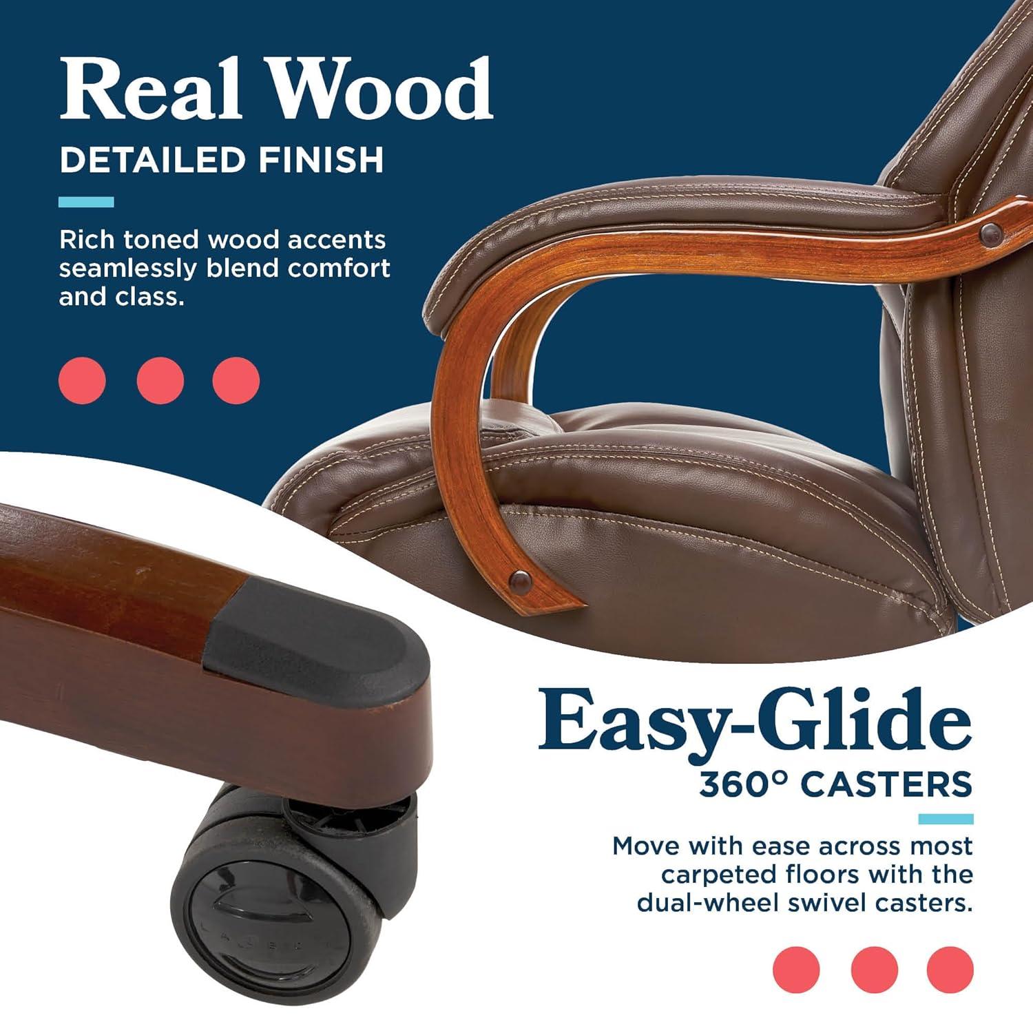 La-Z-Boy La-Z-Boy Delano Big & Tall Executive Office Chair, Ergonomic Mid-Back with Body Pillow Lumbar Support, ComfortCore® with Memory Foam Cushion, Mahogany Wood Arms and Swivel Base, Bonded Leather