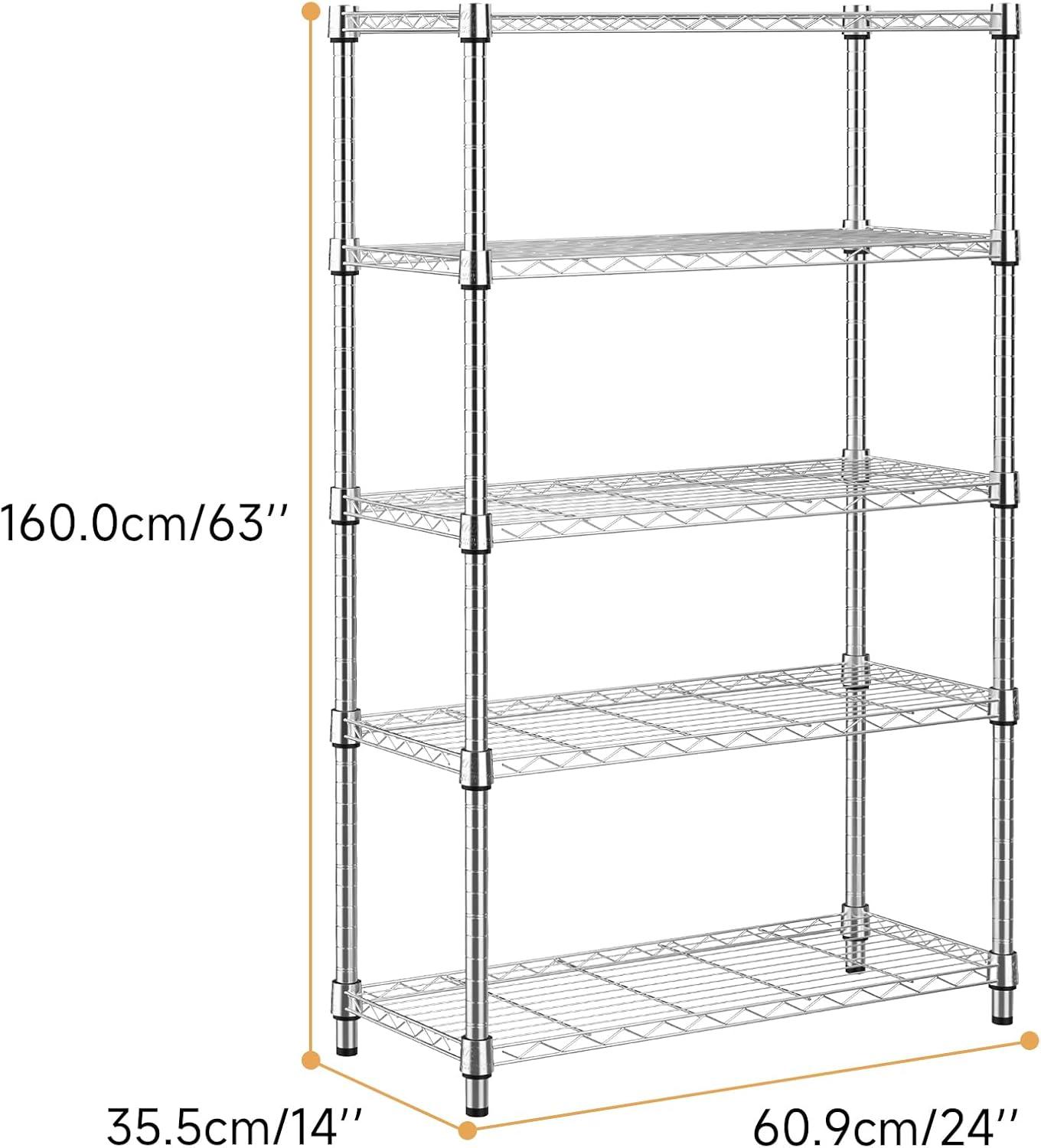 1250 lbs Steel Heavy Duty 5-Tier Utility Shelving Unit Steel Organizer Wire Rack for Home,Kitchen,Office,Chrome (13.7" D x 23.6" W x 62.4" H)