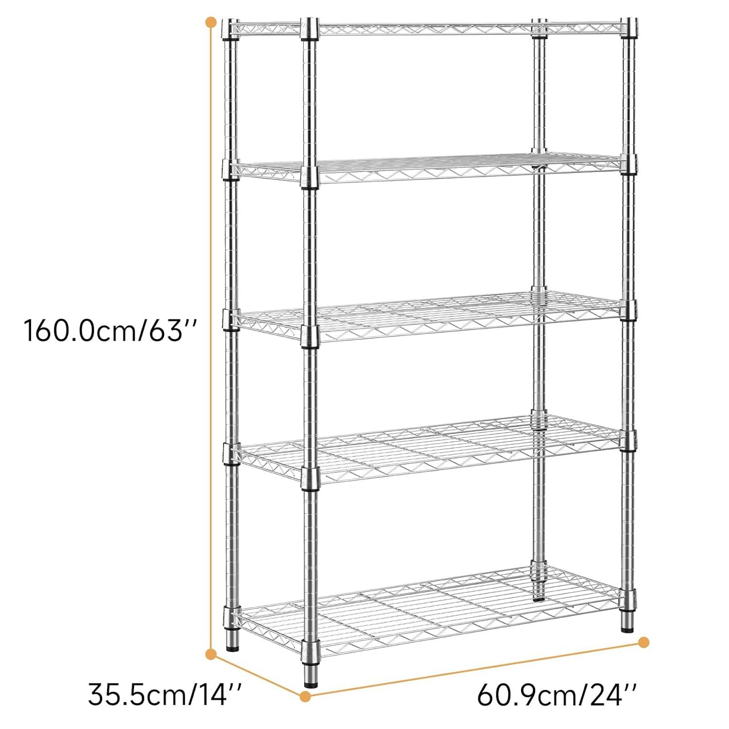 1250 lbs Steel Heavy Duty 5-Tier Utility Shelving Unit Steel Organizer Wire Rack for Home,Kitchen,Office,Chrome (13.7" D x 23.6" W x 62.4" H)
