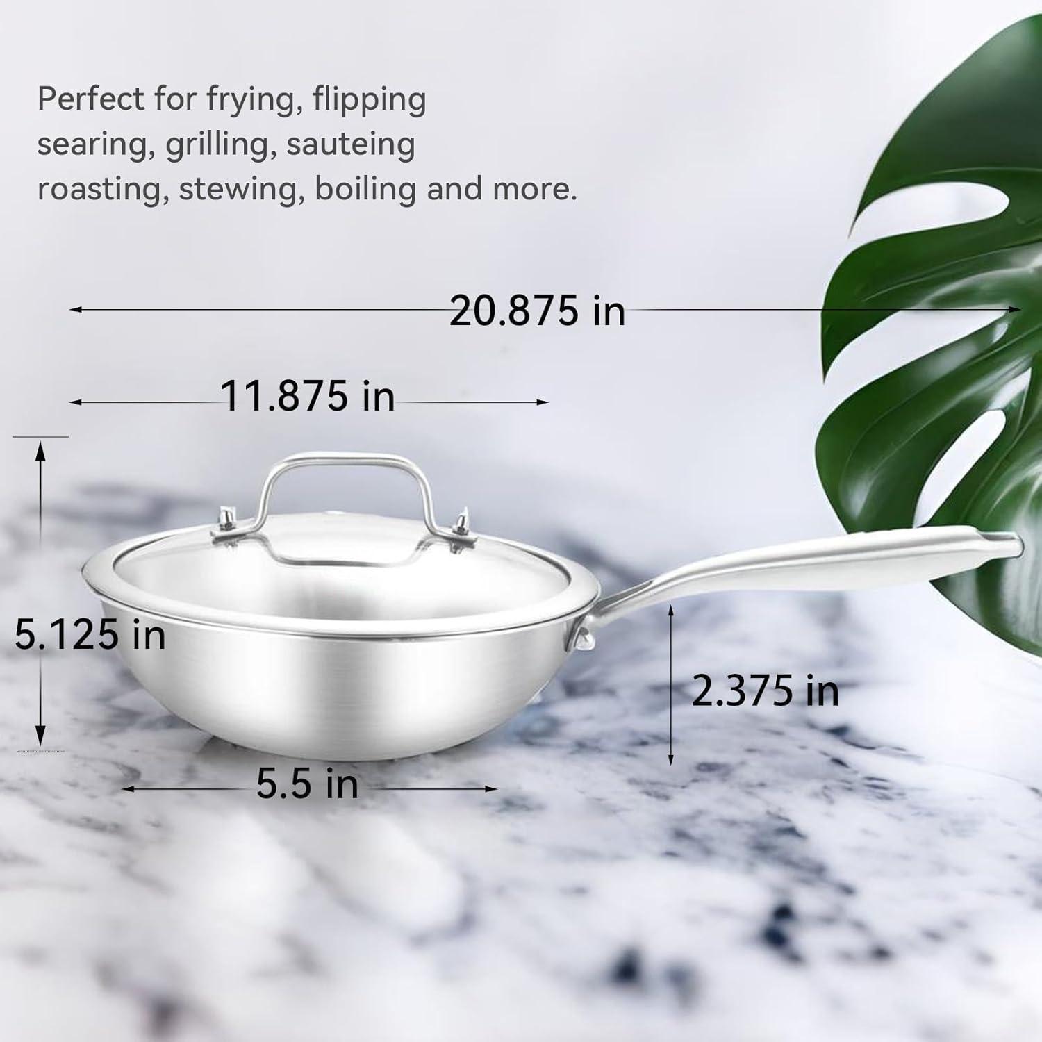 LOLYKITCH 12 Inch Tri-Ply Stainless Steel Wok Pan with Lid, Stir-Frying Pan,Induction Cooking Pan,Dishwasher and Oven Safe,Heavy Duty and Detachable Handle.