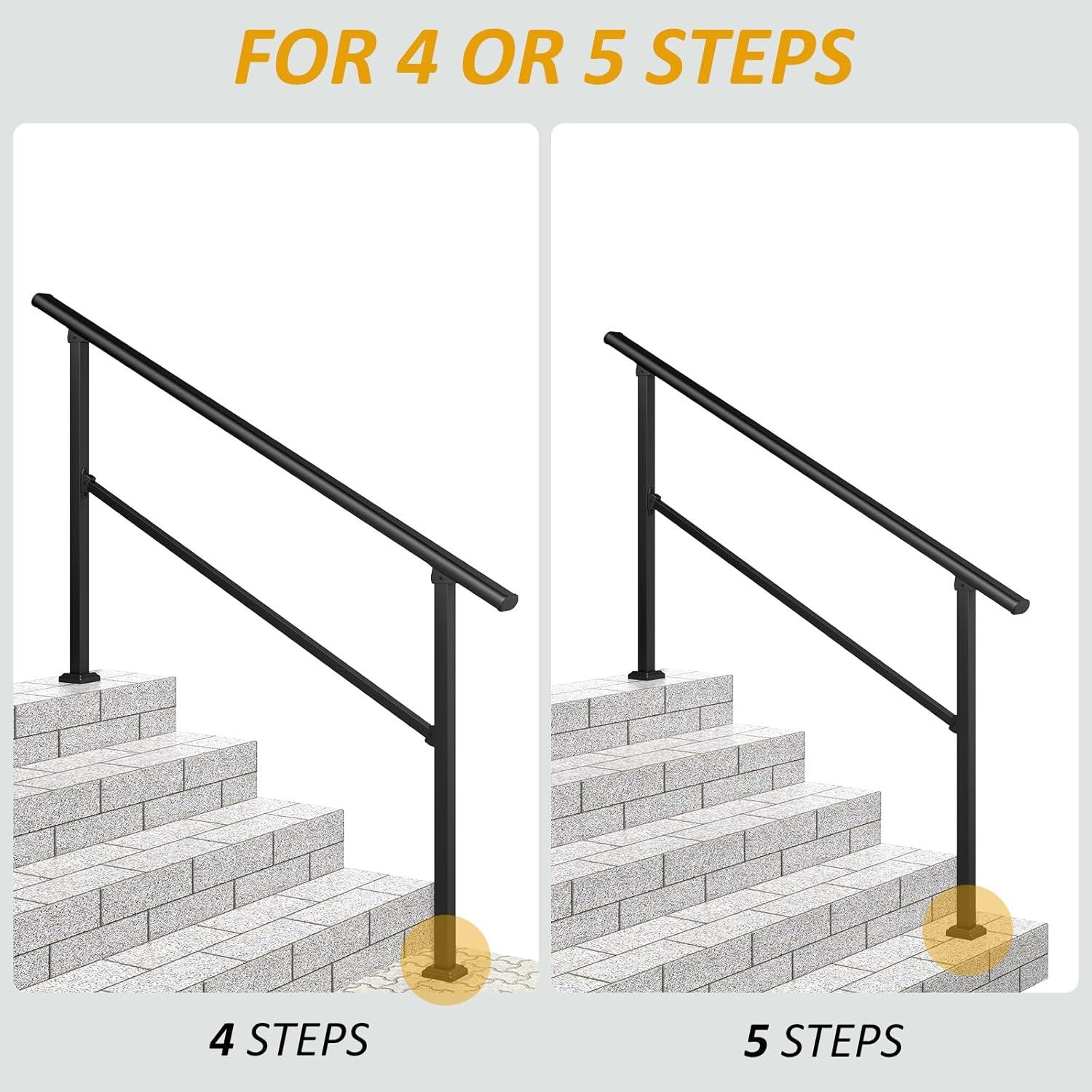 ROOMTEC 2 Pack 5 Step Handrails - Outdoor Safety Hand Rails, Black Wrought Iron Stair Railing Kit (4-5 Steps)