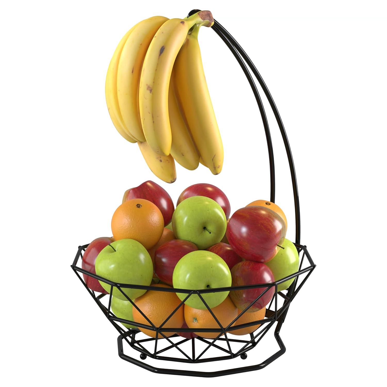 Fruit Basket with Banana Hanger and Fruit Bowl. Kitchen Counter Fruit Bowl with Banana Holder used as Bread, Vegetable or Produce Basket, Egg Holder, 2 Tier
