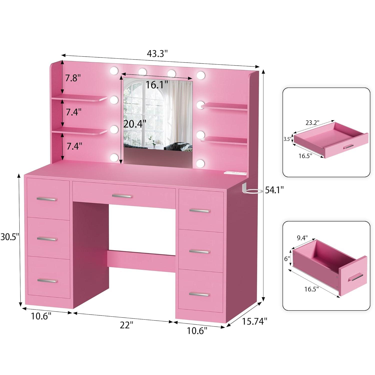 YESHOMY Vanity Desk with Mirror, Power Outlet and 10 Lights, Makeup Table with 7 Drawers, 3 Color Modes Available for Bedroom, White