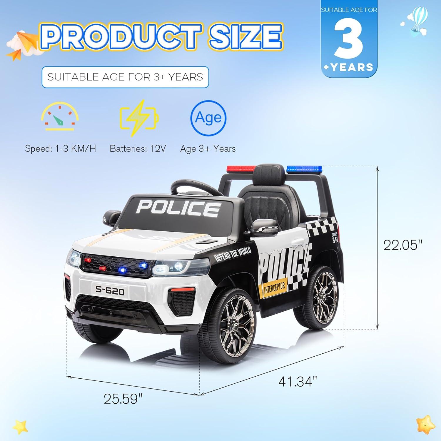 HOMMOW Kids Ride on Police Car, 12V 4AH Battery Powered Kids Ride on Toy with Remote Control, Flashing Lights and Music, White
