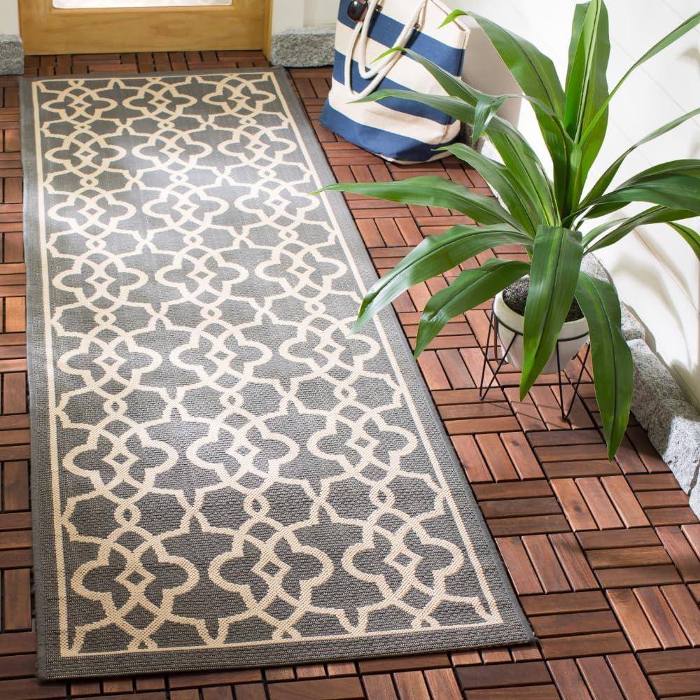 SAFAVIEH Courtyard Carlos Oriental Indoor/Outdoor Runner Rug, Grey/Beige, 2'7" x 8'2"