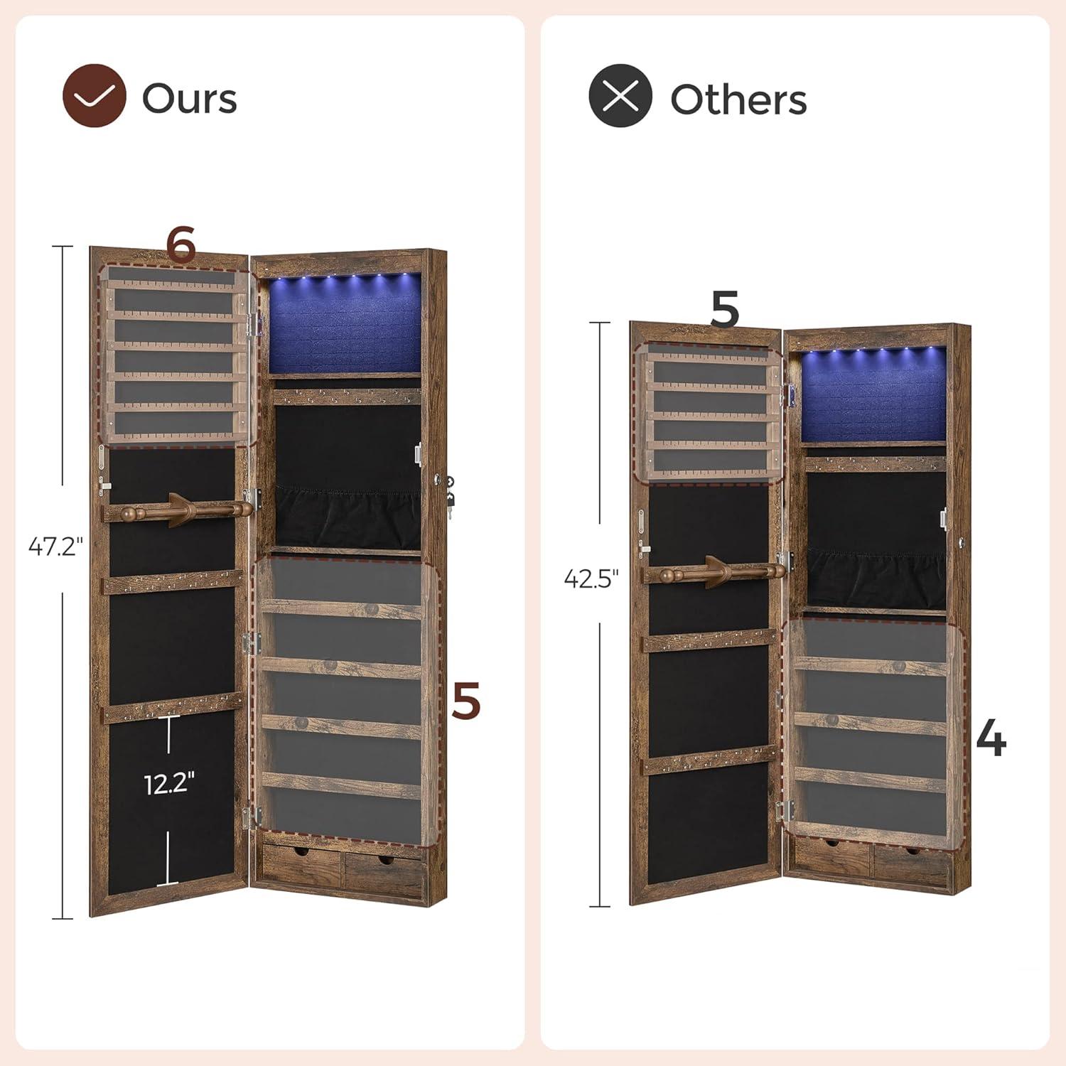 6 LEDs Mirror Jewelry Cabinet Lockable 47.2" H Wall/Door Mounted Jewelry Armoire Organizer Rustic Brown