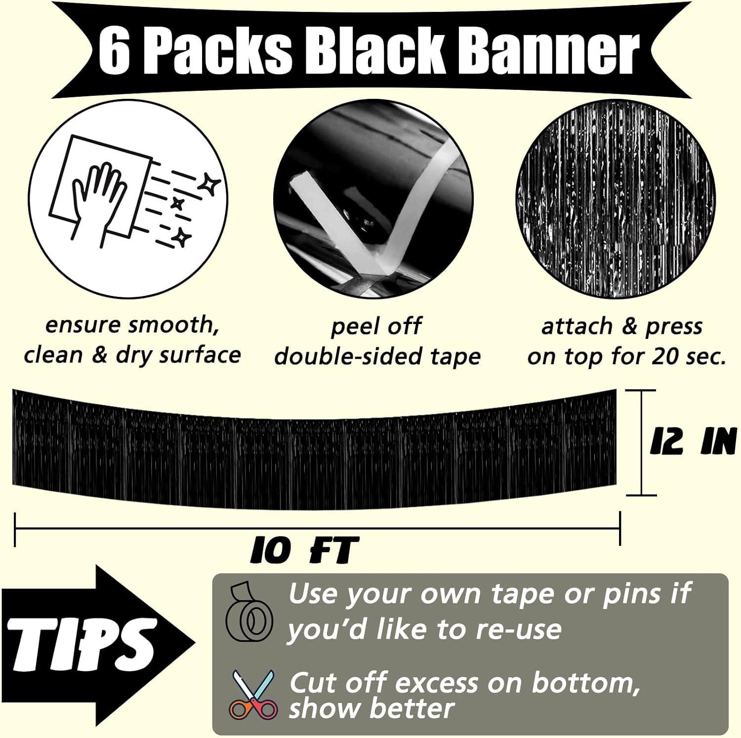 6 Pack 10 Feet Metallic Foil Fringe Garland Tinsel Streamers, Boriyuan Wall Hanging Fringe Backdrop Banner for Parade Floats, Wedding, Birthday, Christmas, New Year Party Decorations (Black)