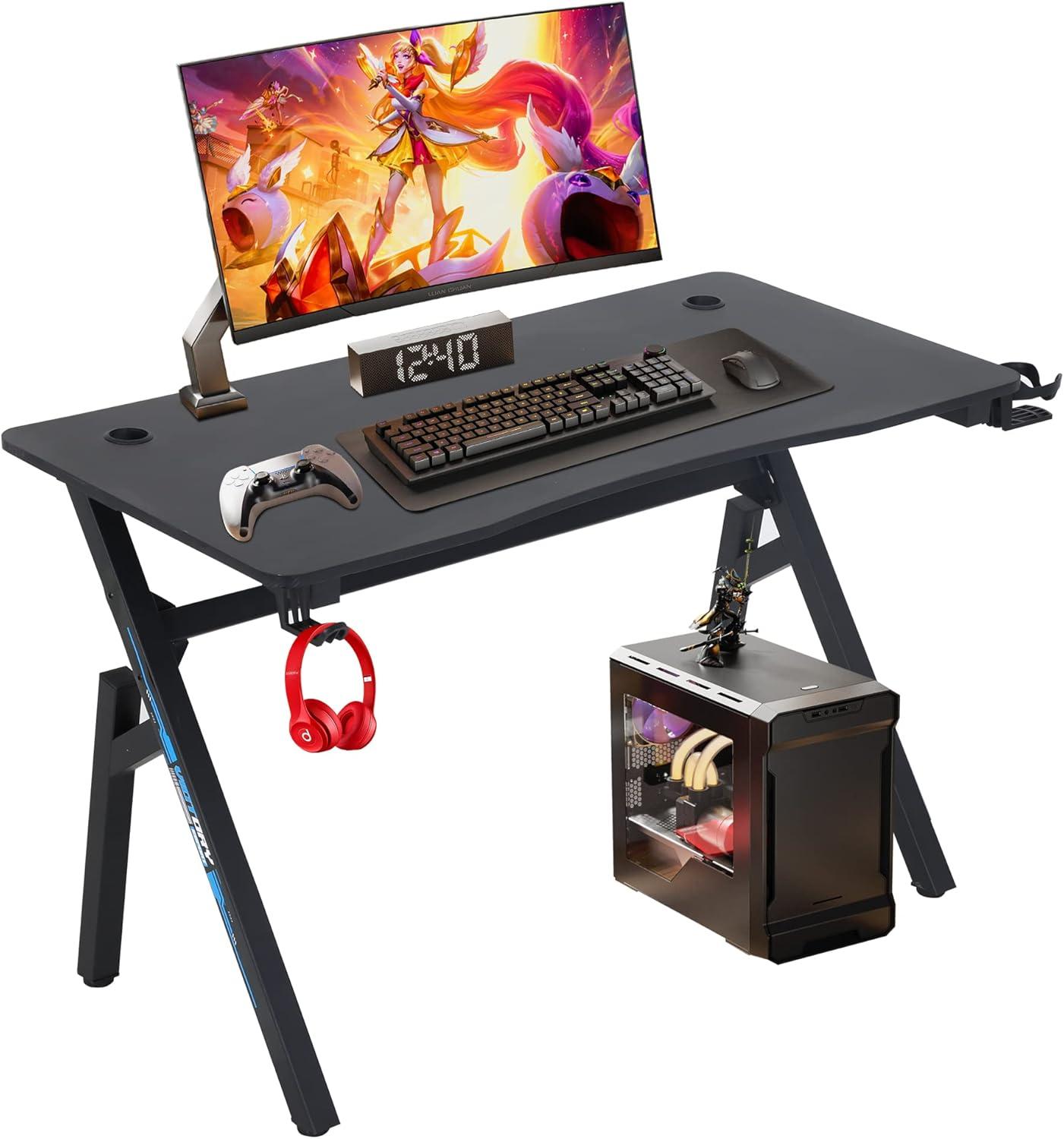 Black Carbon Fiber Gaming Desk with Cup Holder and Headphone Hook