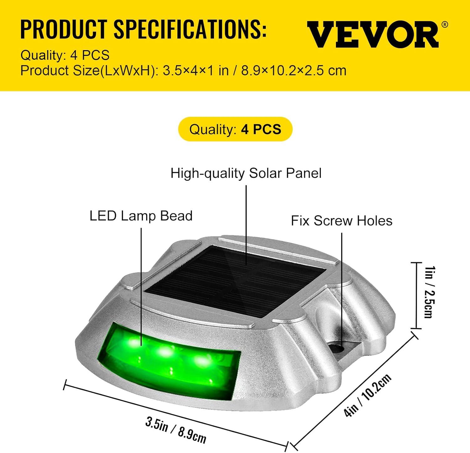 Vevor Solar Driveway Lights, 4-Pack With Switch Button, Waterproof Deck Lights, Wireless Dock 6 LEDs for Path Warning Garden Walkway Sidewalk Steps, LED Bright Green