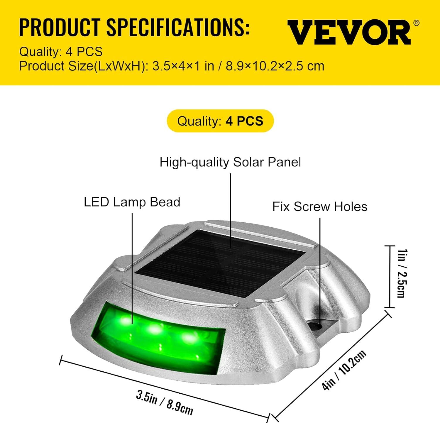 Vevor Solar Driveway Lights, 4-Pack With Switch Button, Waterproof Deck Lights, Wireless Dock 6 LEDs for Path Warning Garden Walkway Sidewalk Steps, LED Bright Green
