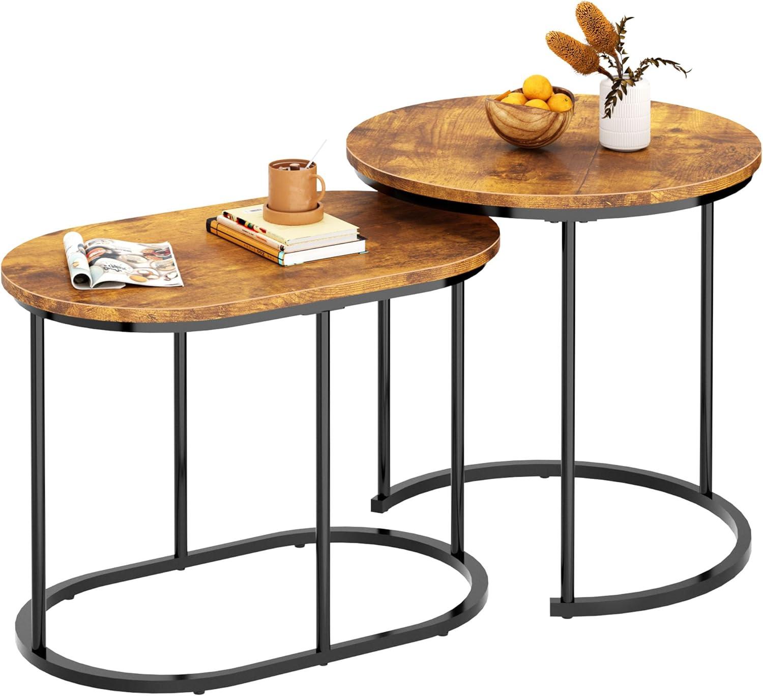 Rustic Brown Round Nesting Coffee Table Set with Metal Frame