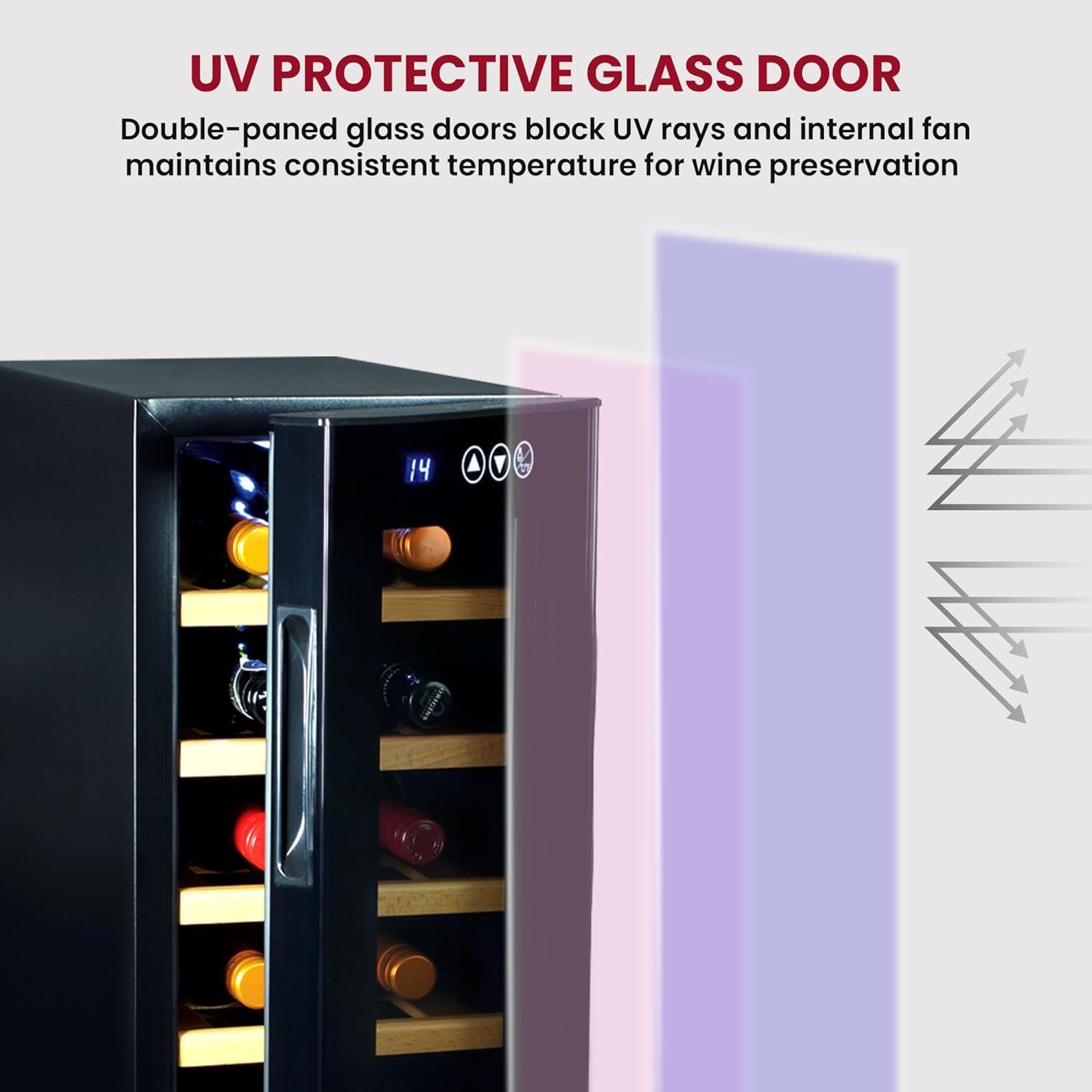 Koolatron Wine Cooler Refrigerator 12 Bottle Deluxe Countertop Compact Wine Cellar, Small Freestanding: Black Glass Door, Thermoelectric, 6 Shelves