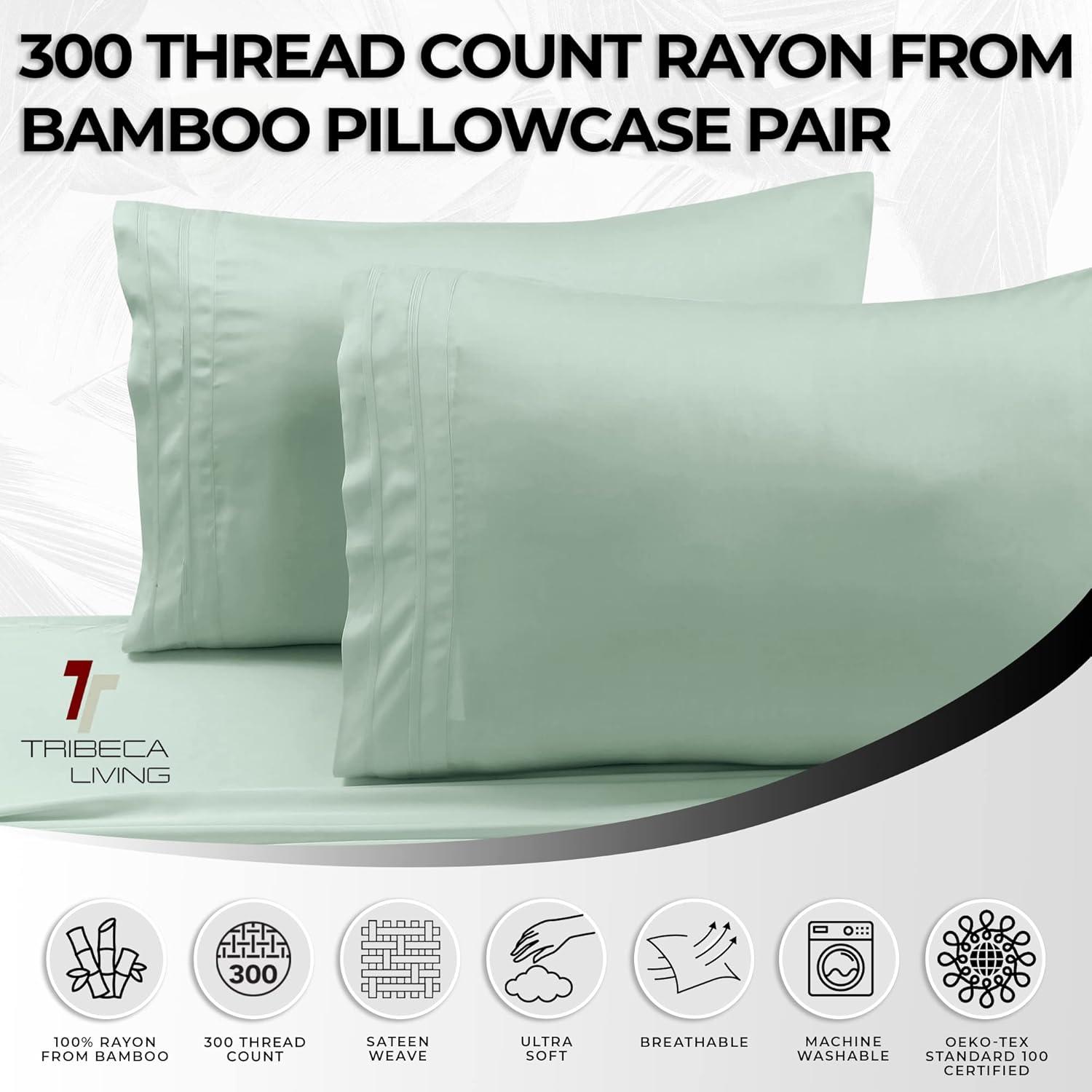 Rayon from Bamboo Solid Pillowcase Pair (King) Sage 300 Thread Count - Tribeca Living