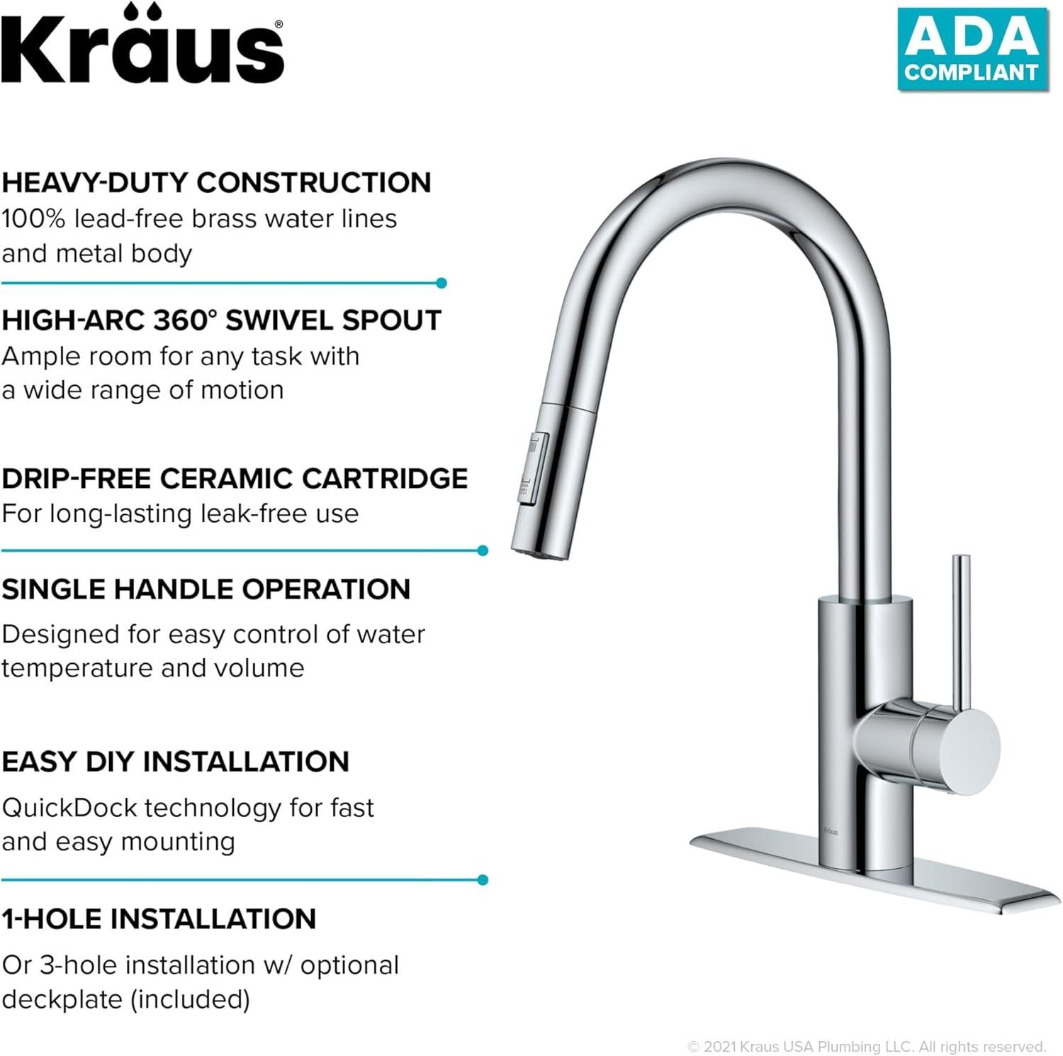 KRAUS Oletto Single Handle Pull Down Kitchen Faucet with QuickDock Top Mount Installation Assembly