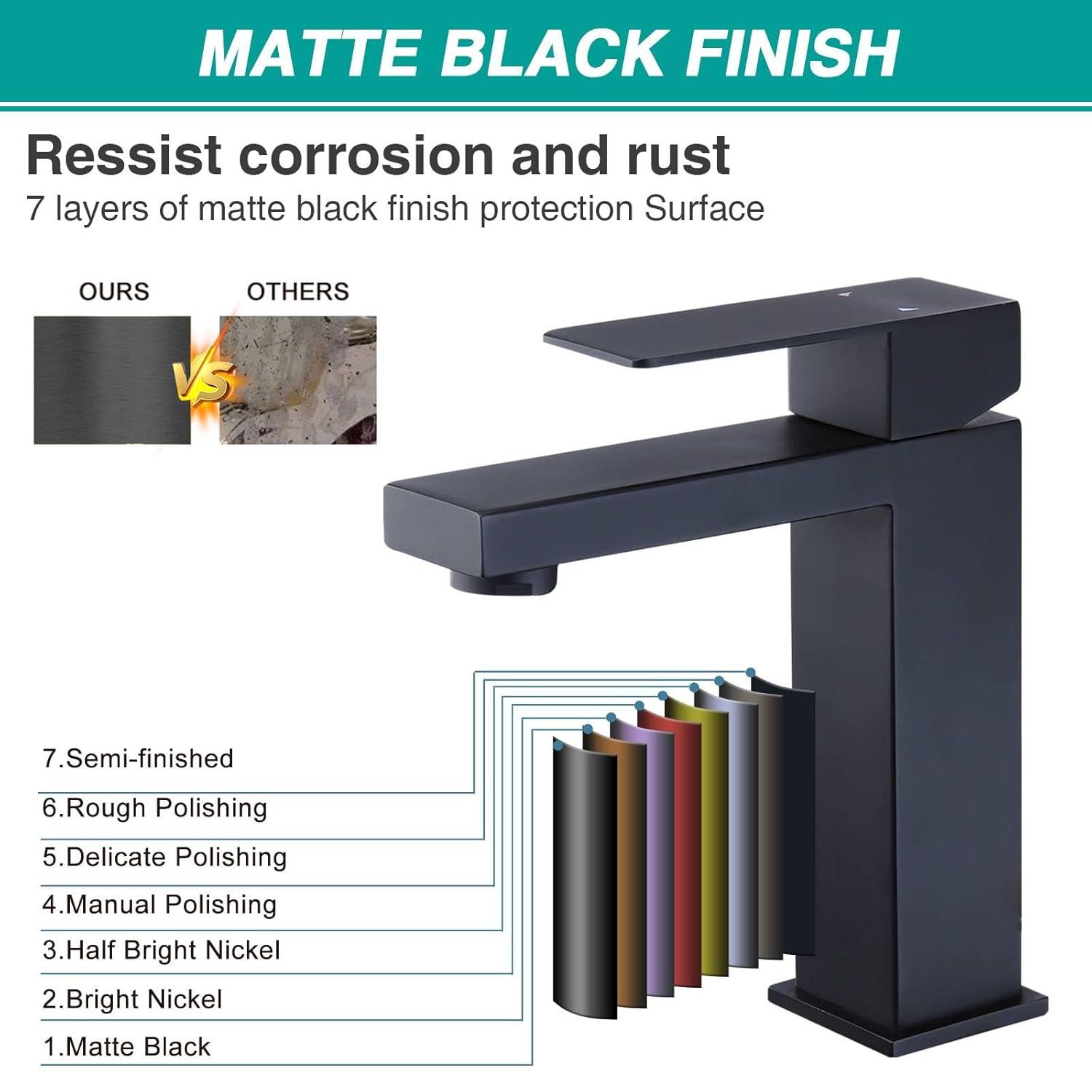 Matte Black Single Handle Bathroom Sink Faucet, Stainless Steel Bathroom Faucet with cUPC Certified Water Supply Hoses, Commercial Vanity Faucet Modern Single Hole RV Bathroom Faucets