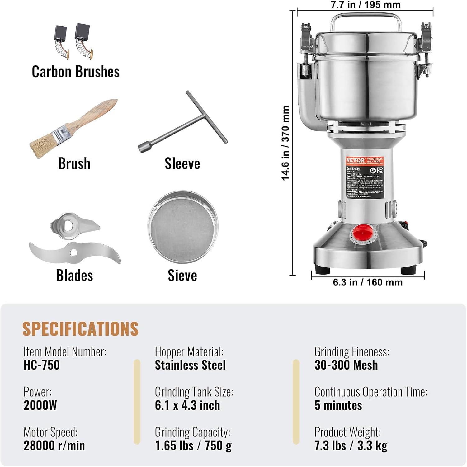 VEVOR 750g Silver Stainless Steel Electric Grain Mill Grinder