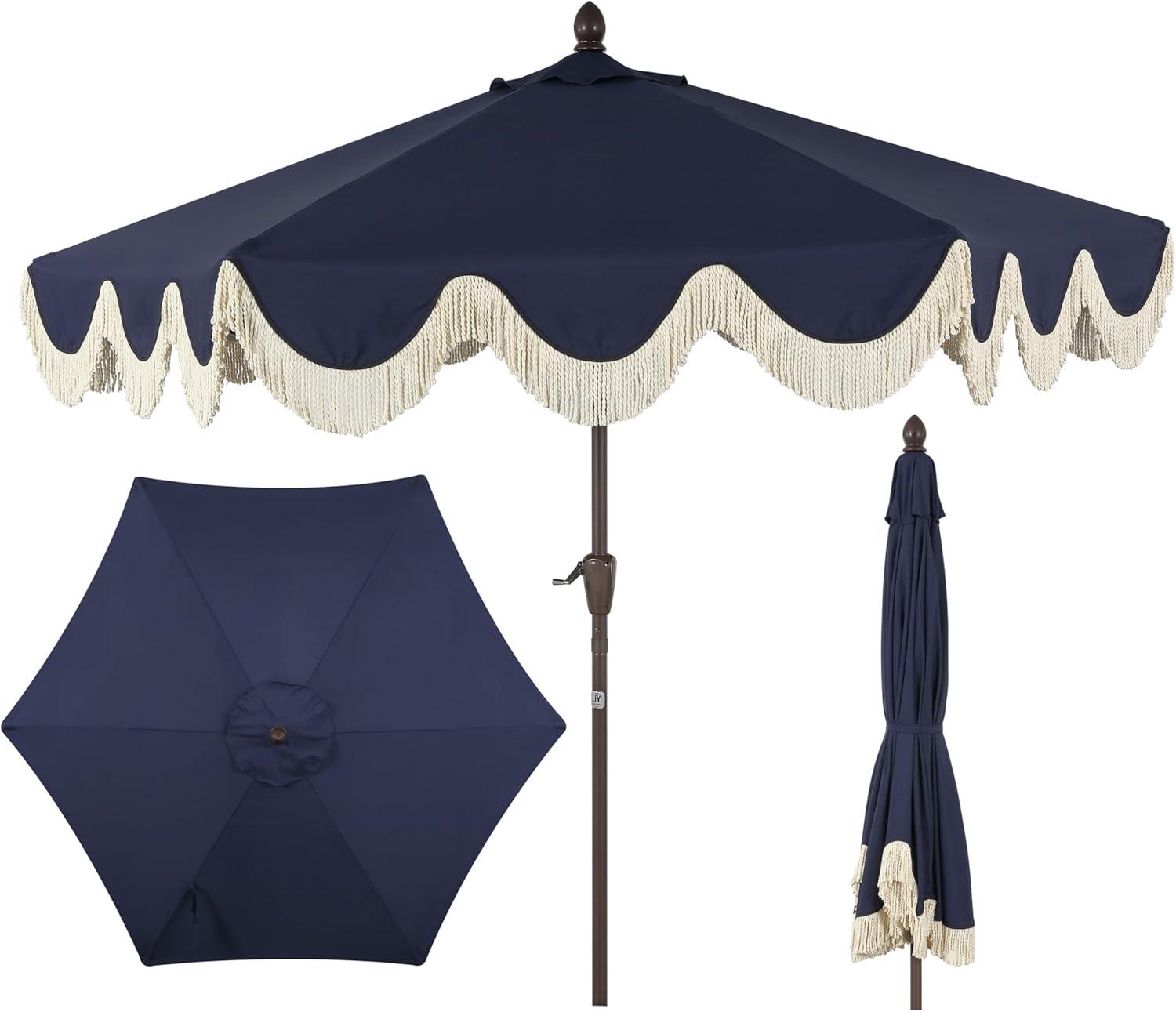 Arlmont & Co. Teretha 9 ft. Classic Cottage Tassel Market Patio Umbrella with Auto-Tilt, Crank, and UV Protection