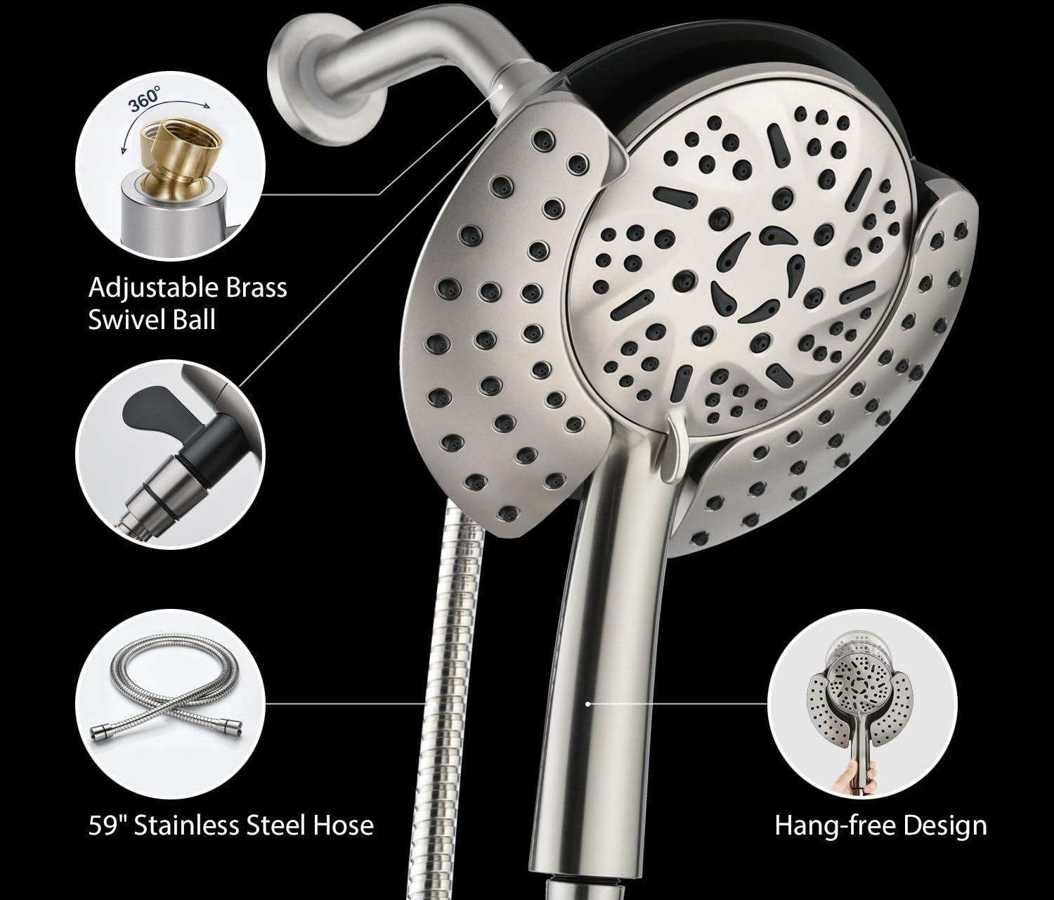 2.5GPM Shower Head With Hand: 2 In 1 High Pressure Shower Heads With Handheld Spray Combo & Rain Shower Head, 9 Spray Modes Anti-Leak Waterfall Showerhead, Angle Adjustable