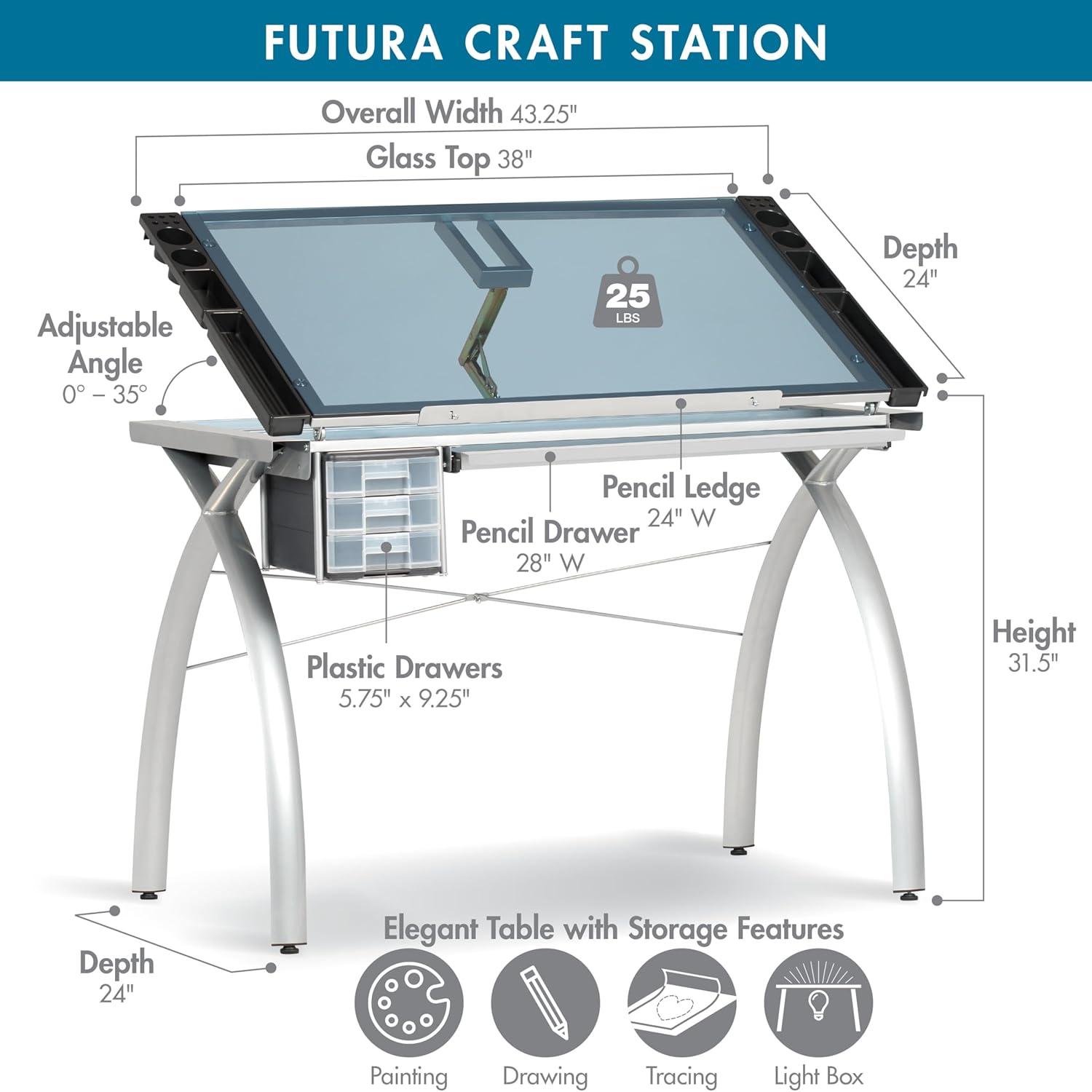 Studio Designs Futura Crafting, Drafting, Drawing Table with Adjustable Top, Silver/Blue Glass- Height 31.50 in.