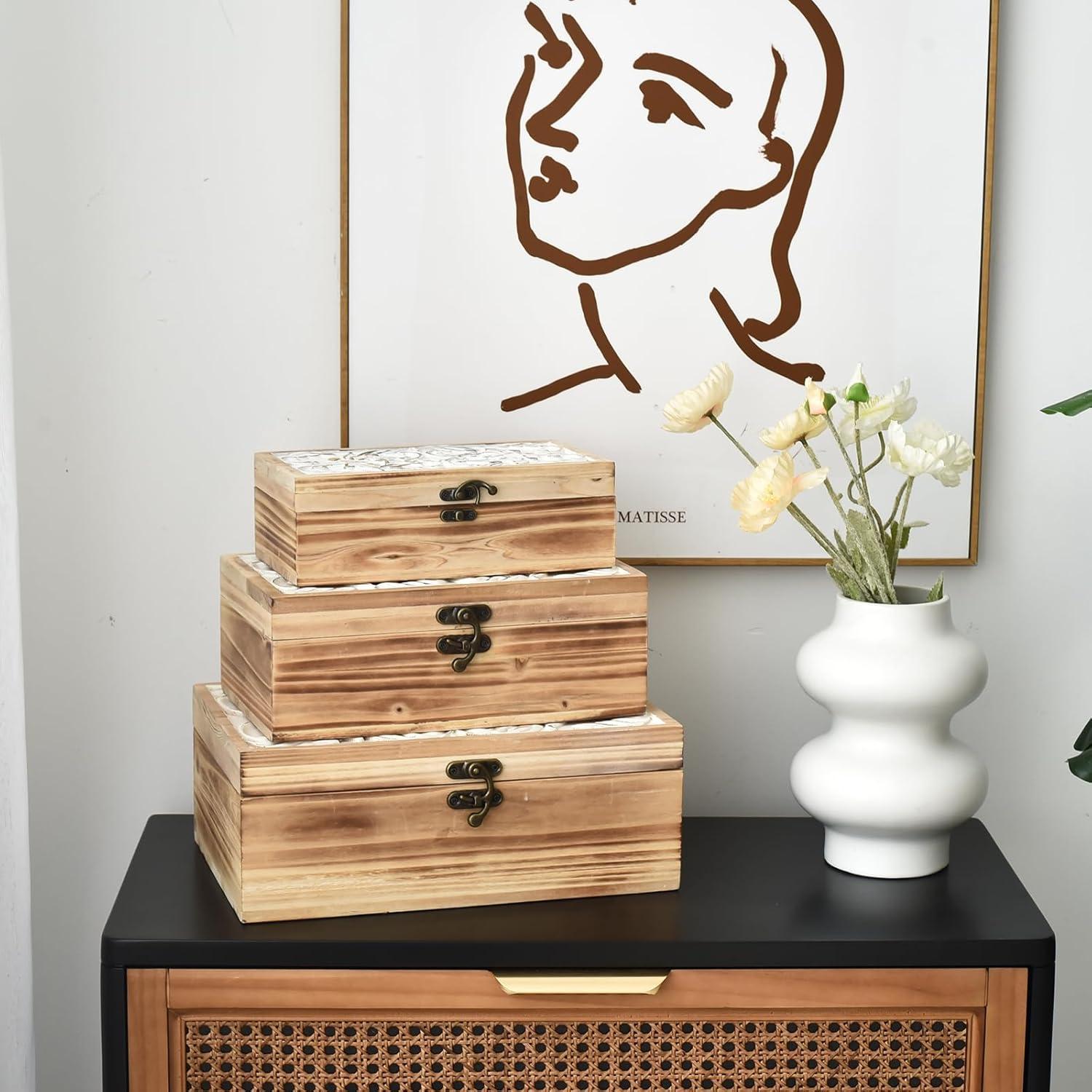 Wooden Box Set of 3 - Rustic Farmhouse Decorative Boxes with Hinged Lid and Carved Design