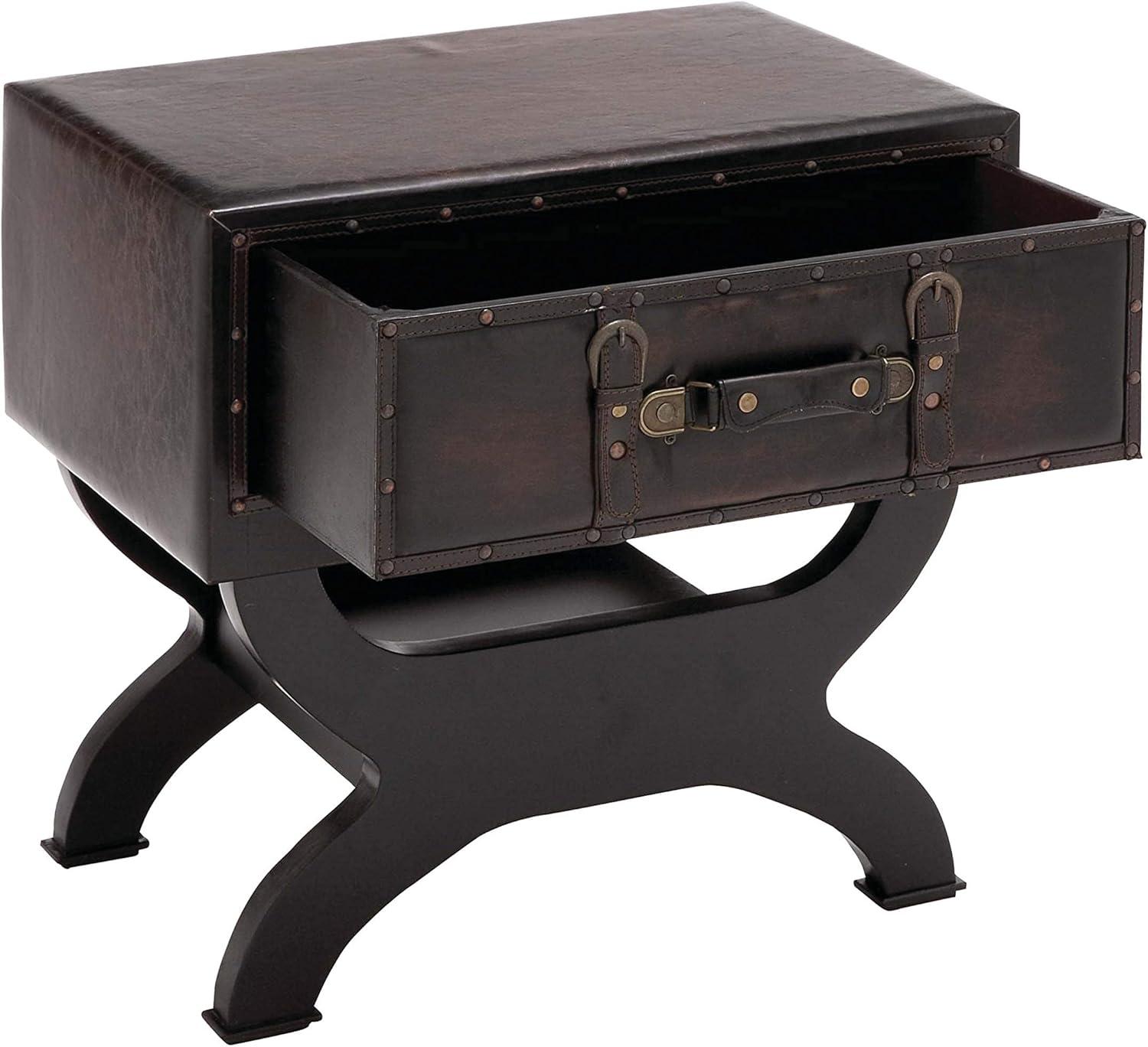 Vintage Brown Faux Leather Single Drawer Accent Table