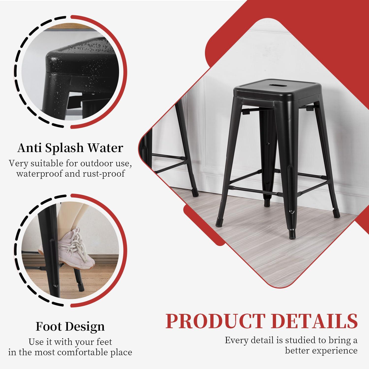 FDW Metal Bar Stools Set of 4 Counter Height Barstool Stackable Barstools 24 Inch Indoor Outdoor Patio Bar Stool Home Kitchen Dining Stool ,Black