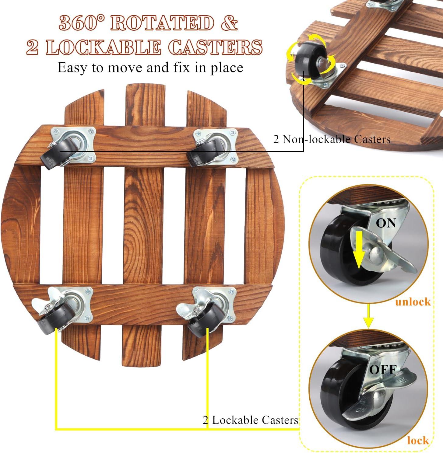 BUSATIA 2pack 12" Plant Caddy Plant Stand with Wheels,Rolling Plant Stand Heavy Duty Wooden Round Plant Dolly Rollers with 360°Metal Lockable Casters Indoor Outdoor Pot Plant Roller Base Caddies