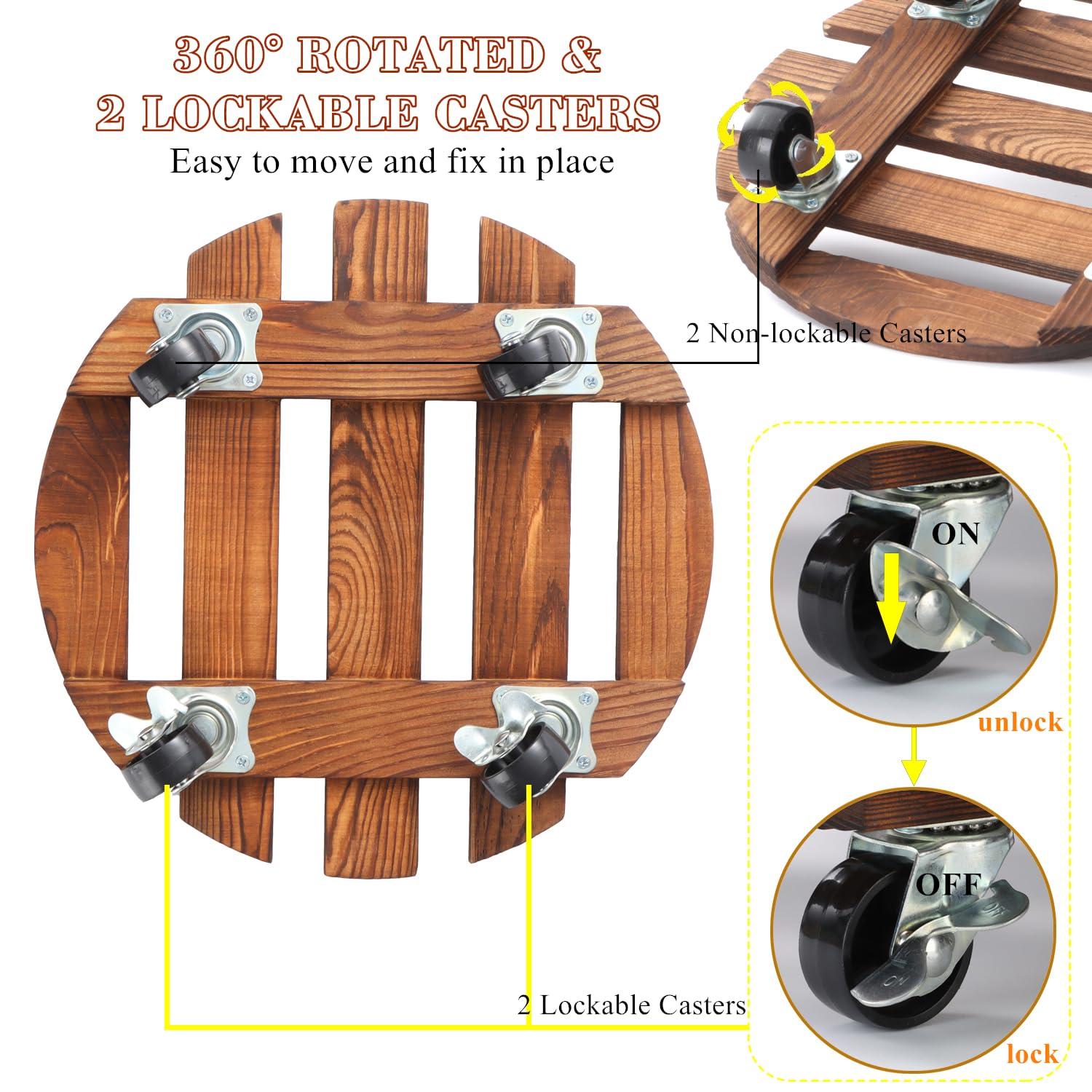 BUSATIA 2pack 12" Plant Caddy Plant Stand with Wheels,Rolling Plant Stand Heavy Duty Wooden Round Plant Dolly Rollers with 360°Metal Lockable Casters Indoor Outdoor Pot Plant Roller Base Caddies