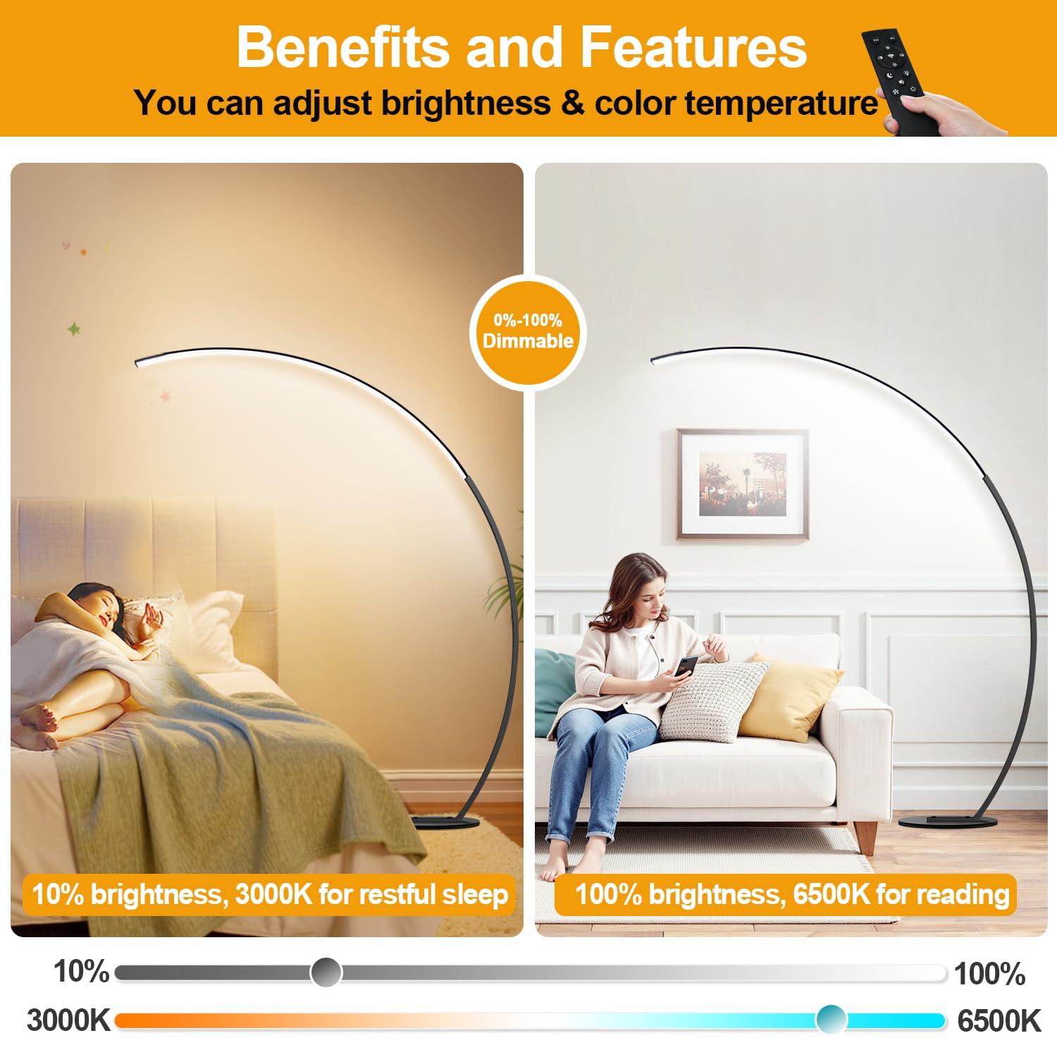 Dimmable LED Floor Lamp With 3 Color Temperatures, Ultra Bright 2000LM Arc Floor Lamps For Living Room, Modern Standing Tall Lamp With Remote Control Reading Floor Lamp For Bedroom Office Classroom