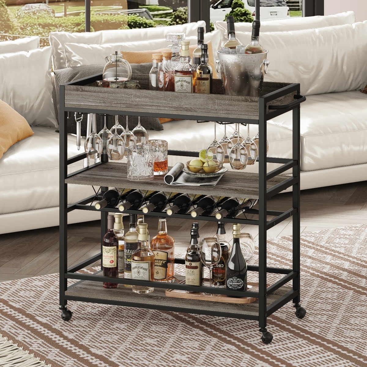 Gray Oak 3-Tier Bar Cart with Wine Rack and Glass Holder