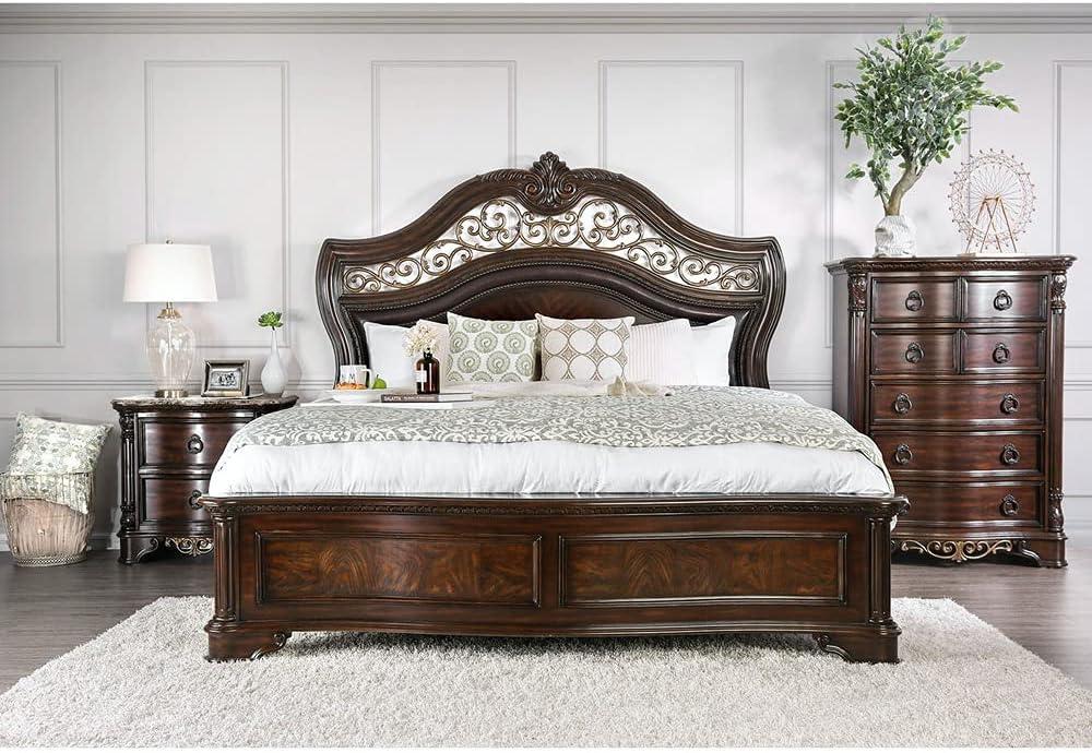 Brown Cherry King Panel Bed with Ornate Headboard