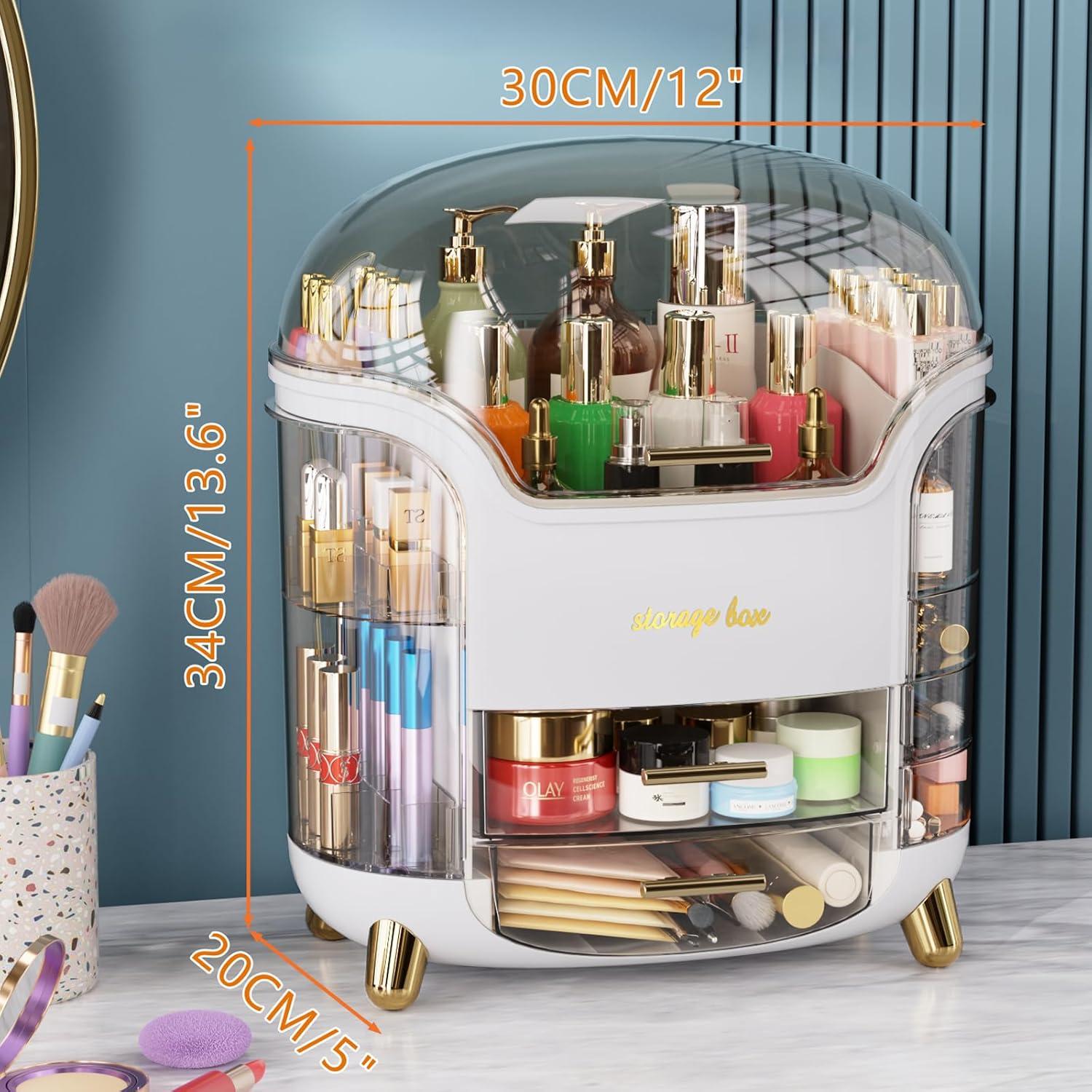 Makeup bag Storage Box, Countertop Portable Vanity Cosmetics MAKE UP bathroom organizers and Storage, Cosmetics Organizer Box for Countertop & Drawers, Skincare Organizers Box by KME (White 360)