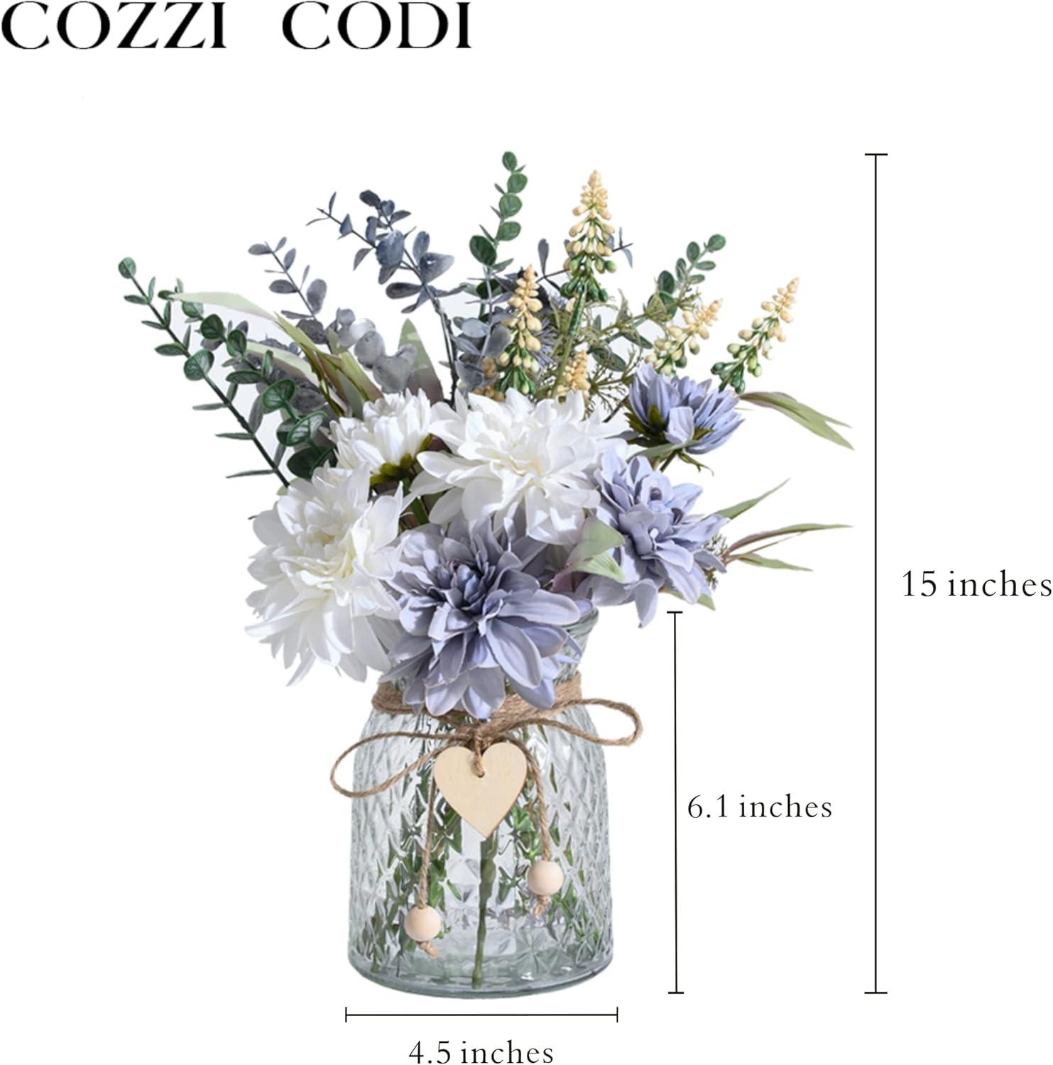 COZZI CODI Fake Flowers Artificial Blue Flowers with Vase, Table Centerpieces for Dining Room, Silk Flower Arrangements for Home, Living Room Bathroom Plant Decor, Centerpiece Table Decorations