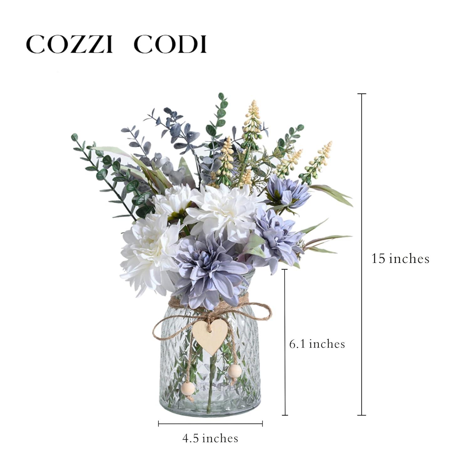 COZZI CODI Fake Flowers Artificial Blue Flowers with Vase, Table Centerpieces for Dining Room, Silk Flower Arrangements for Home, Living Room Bathroom Plant Decor, Centerpiece Table Decorations