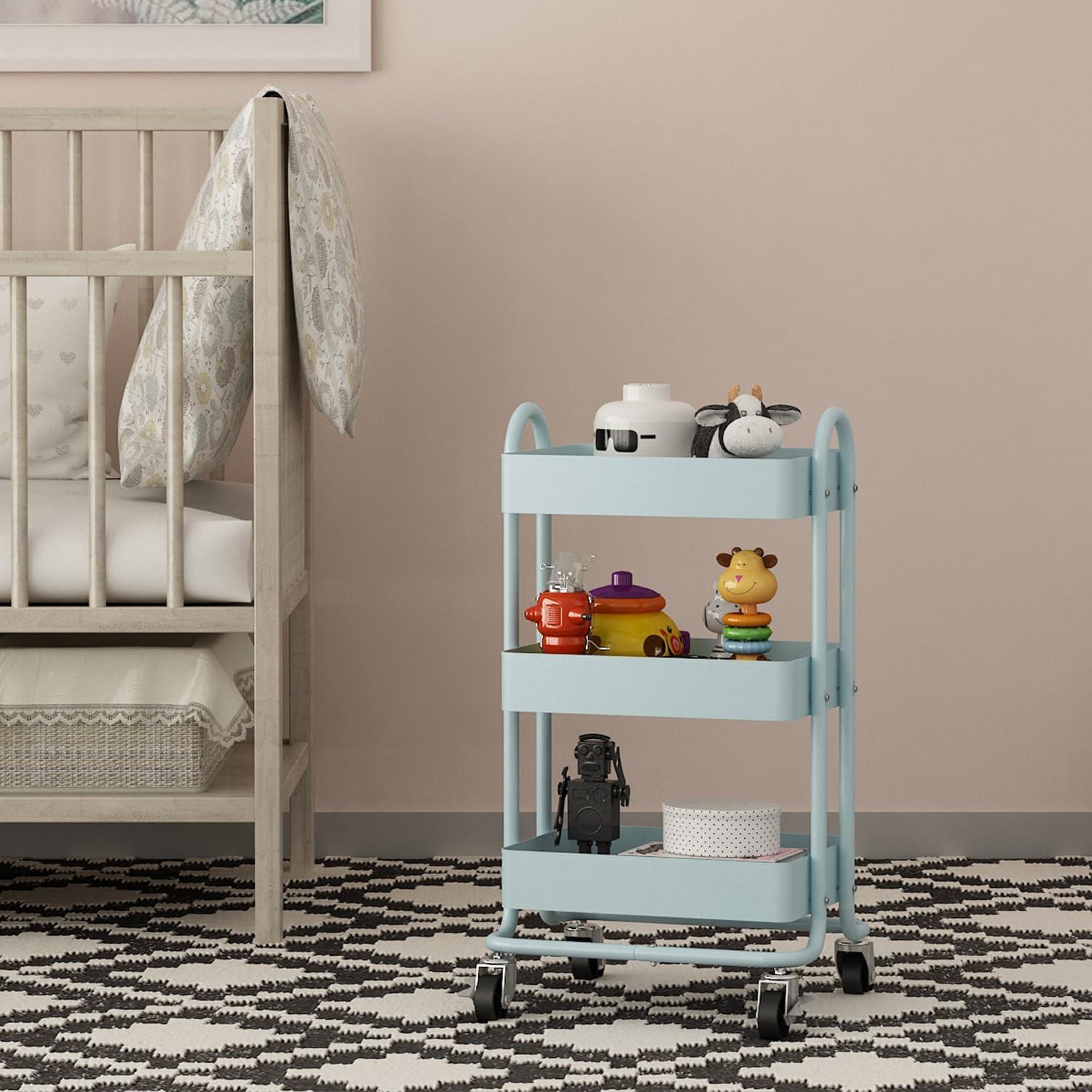 3-Tier Rolling Cart with Wheels,Kitchen Storage Carts or Metal Rolling Utility Cart with Handle,Movable Storage Organizer,Blue Carts for Nursery, Kitchen, Bathroom, Craft Room（13.4"x18.1"x31"）