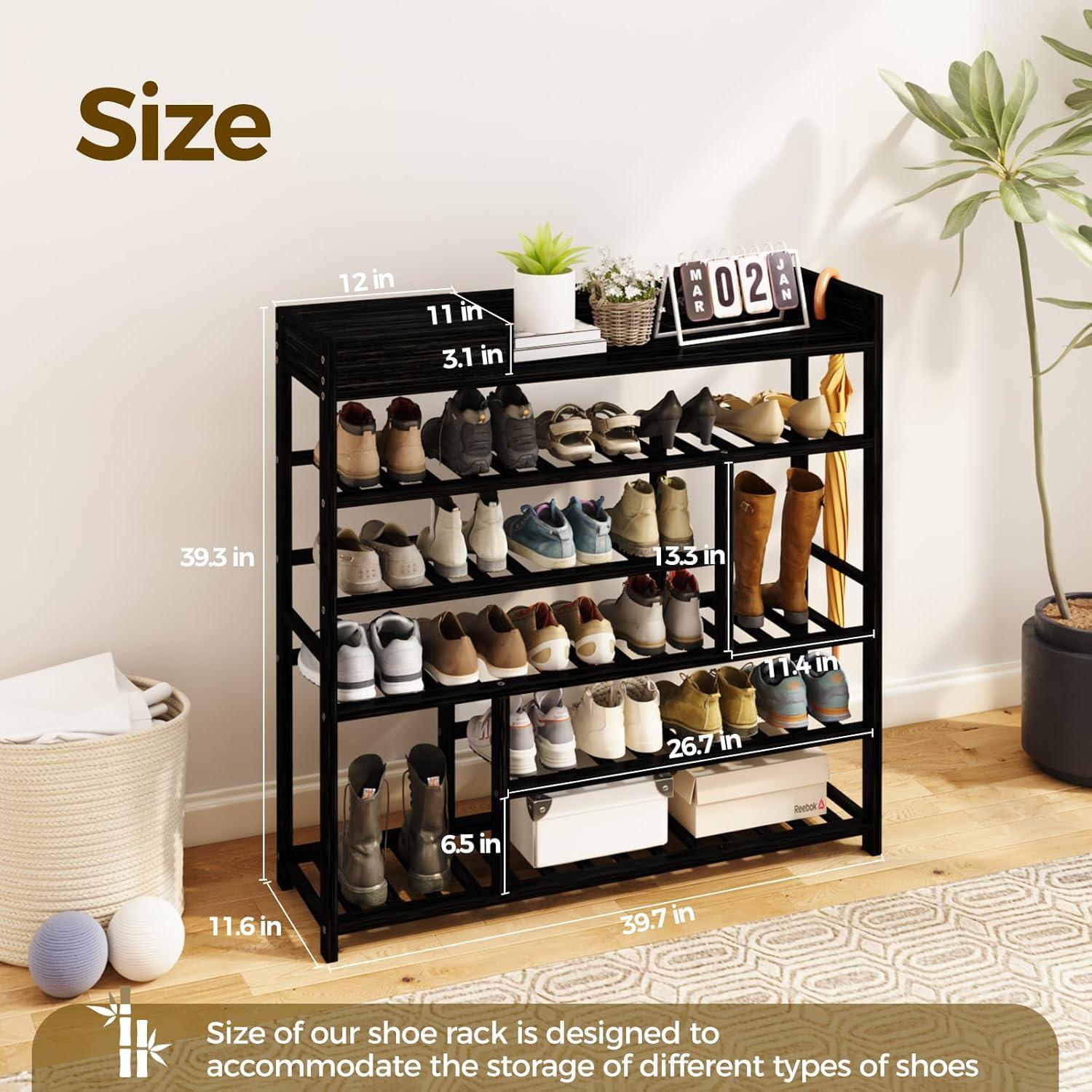 Bamworld Shoe Rack for Front Door Entrance Bamboo Shoe Organizer with Storage Box Free Standing Shoe Cabinet Shoe Storage Shelf for Entryway, Closet and Doorway (Black)