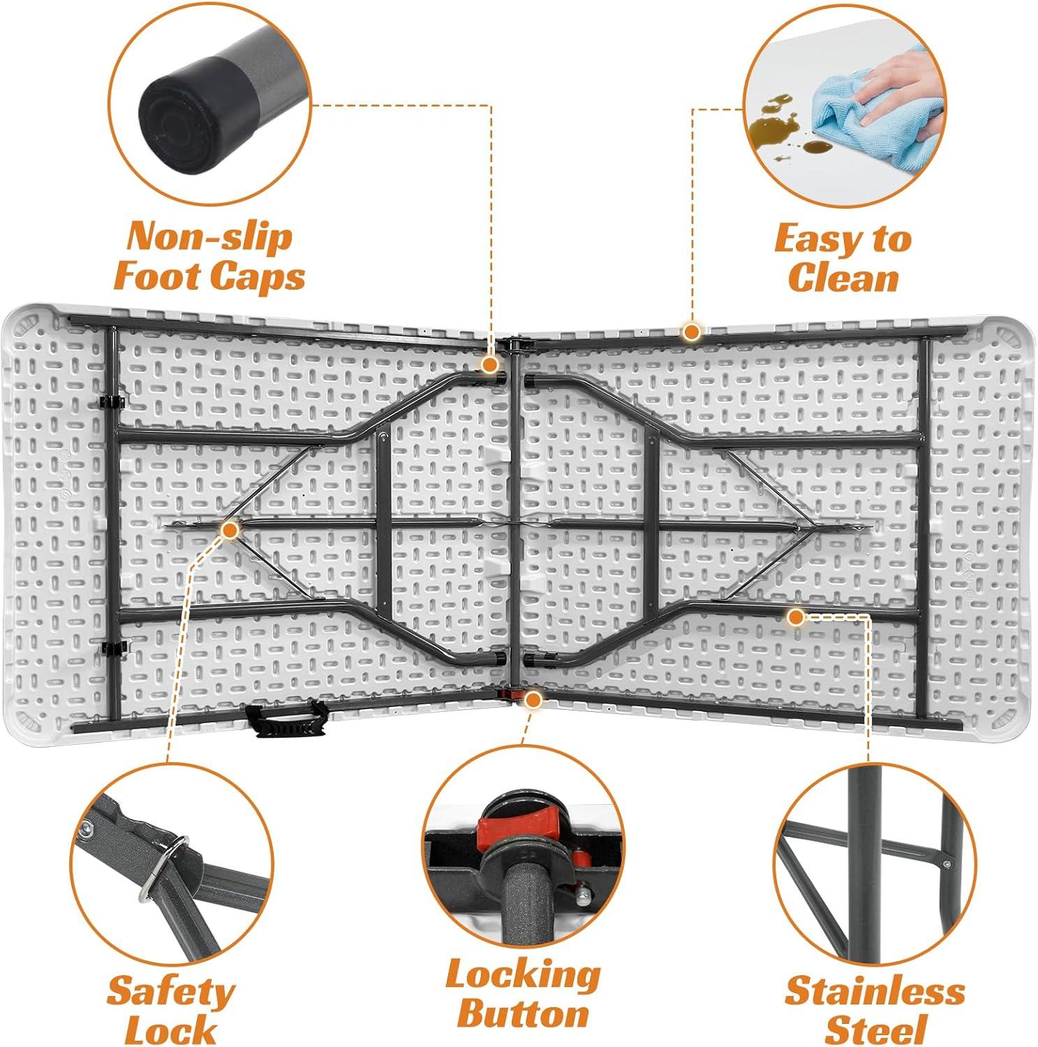 Folding Table 6 Foot Indoor Outdoor Heavy Duty Plastic Portable Fold Up Table Utility Camping Dining Party Table, Easy to Assemble, White