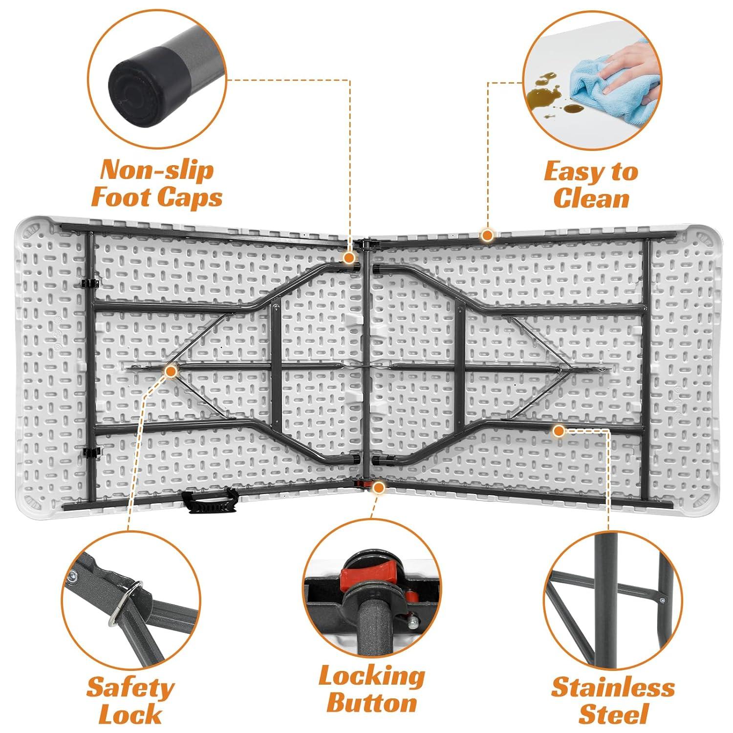 Folding Table 6 Foot Indoor Outdoor Heavy Duty Plastic Portable Fold Up Table Utility Camping Dining Party Table, Easy to Assemble, White