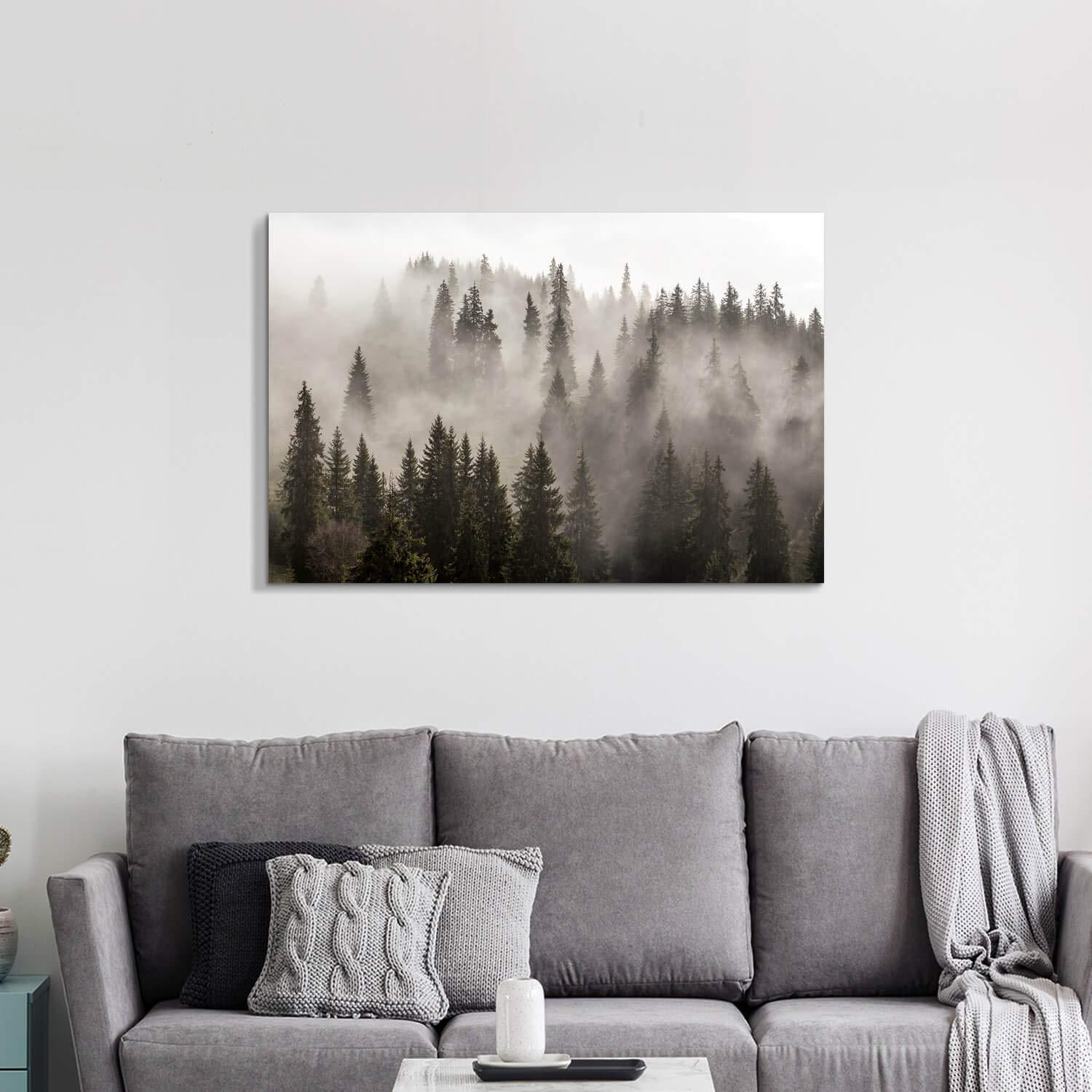 Foggy Forest Picture Wall Art: Landscape Artwork Photographic Print on Canvas for Office (45" W x 30" H,Multi-Sized)