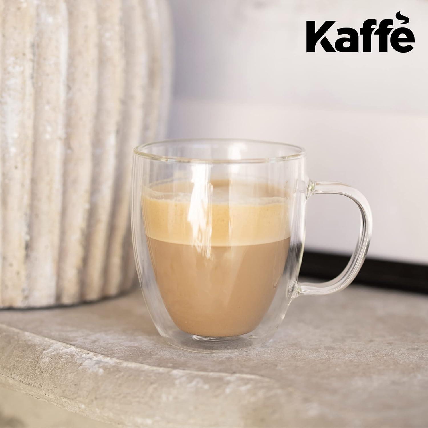 Kaffe 16oz Glass Coffee Mugs. Large Double-Wall Borosilicate Glass Coffee Cups. Perfect insulation for Latte, Cappuccino, Tea. Set of 2 (Two)